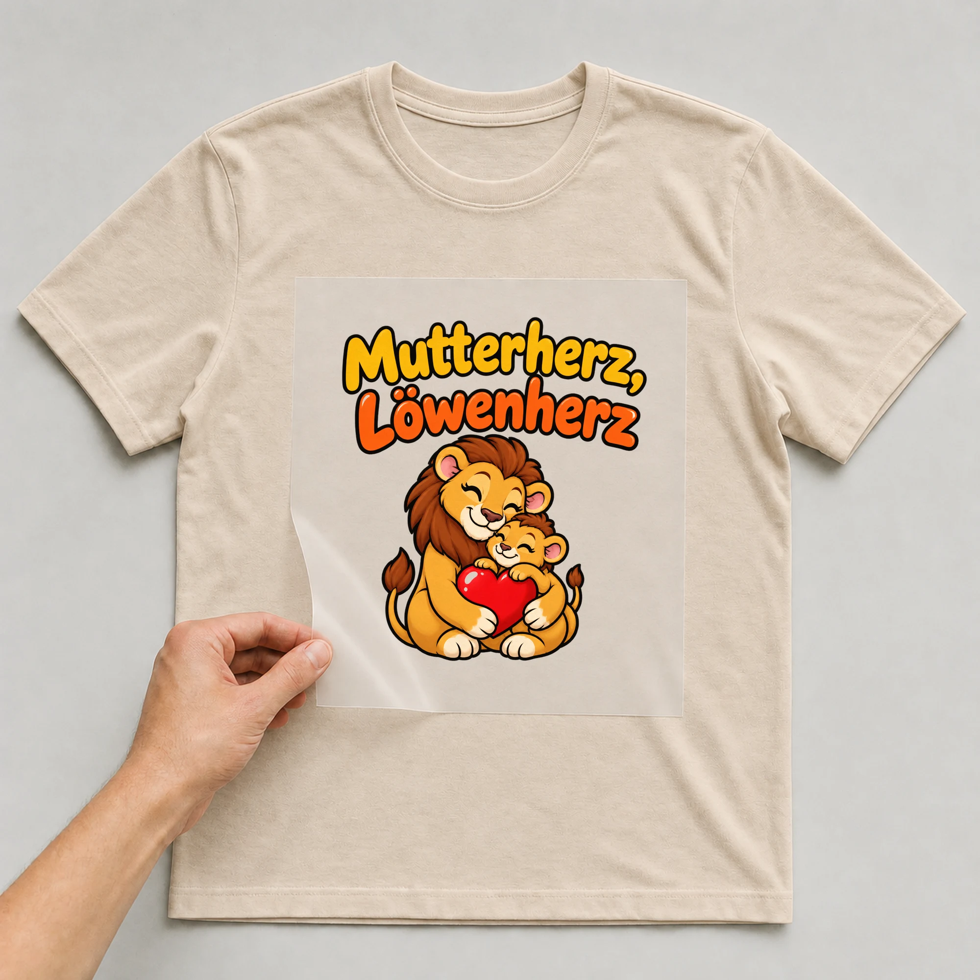Bügelbild „Mutterherz, Löwenherz“ auf beigem T-Shirt, Folie wird aufgelegt