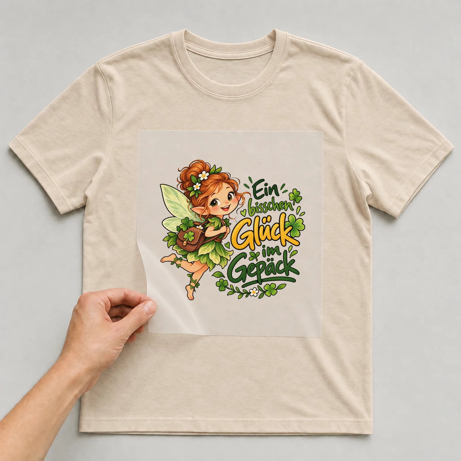 Bügelbild „Ein bisschen Glück im Gepäck“ auf beigem T-Shirt, Folie wird aufgelegt
