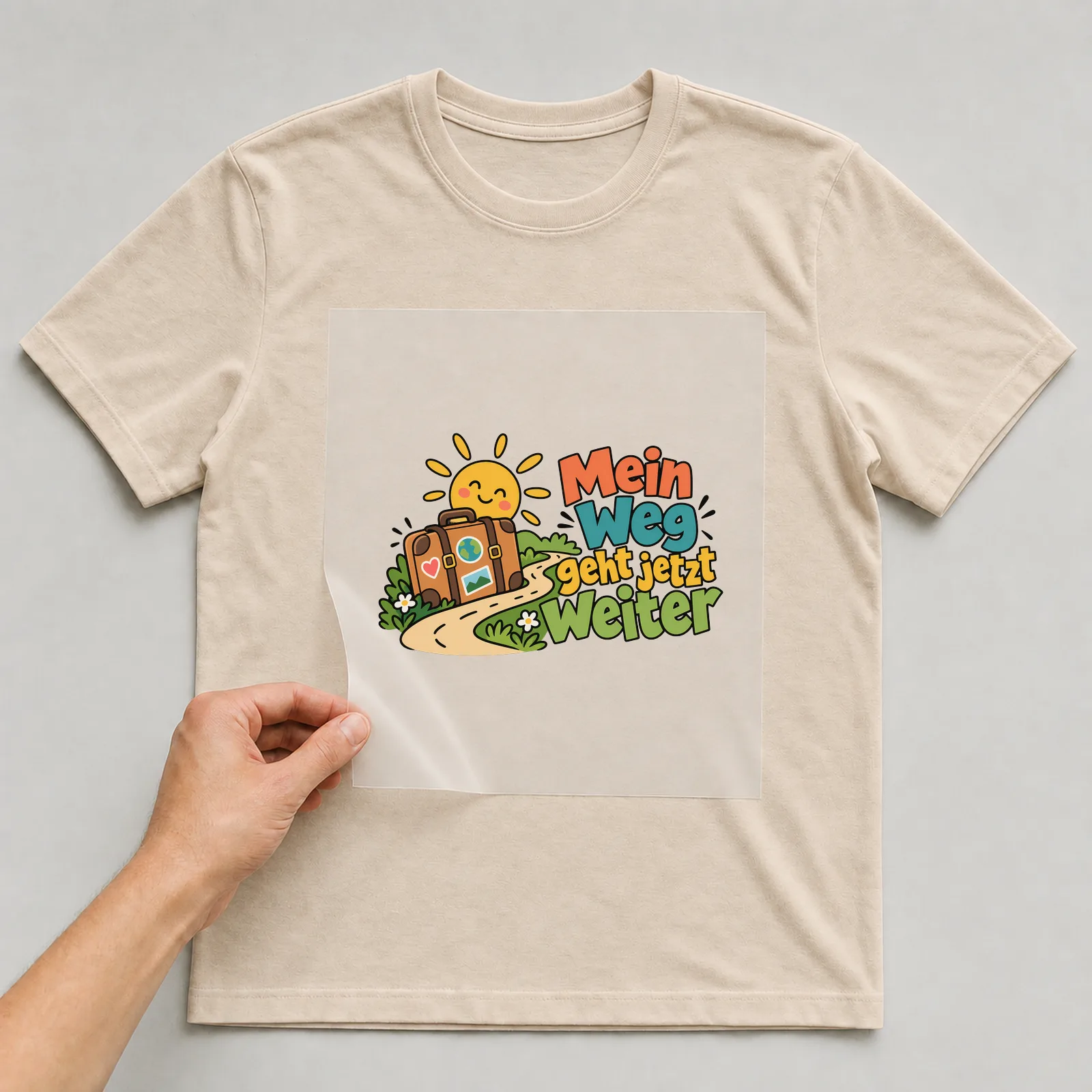Bügelbild „Mein Weg geht jetzt weiter“ auf beigem T-Shirt, Folie wird aufgelegt