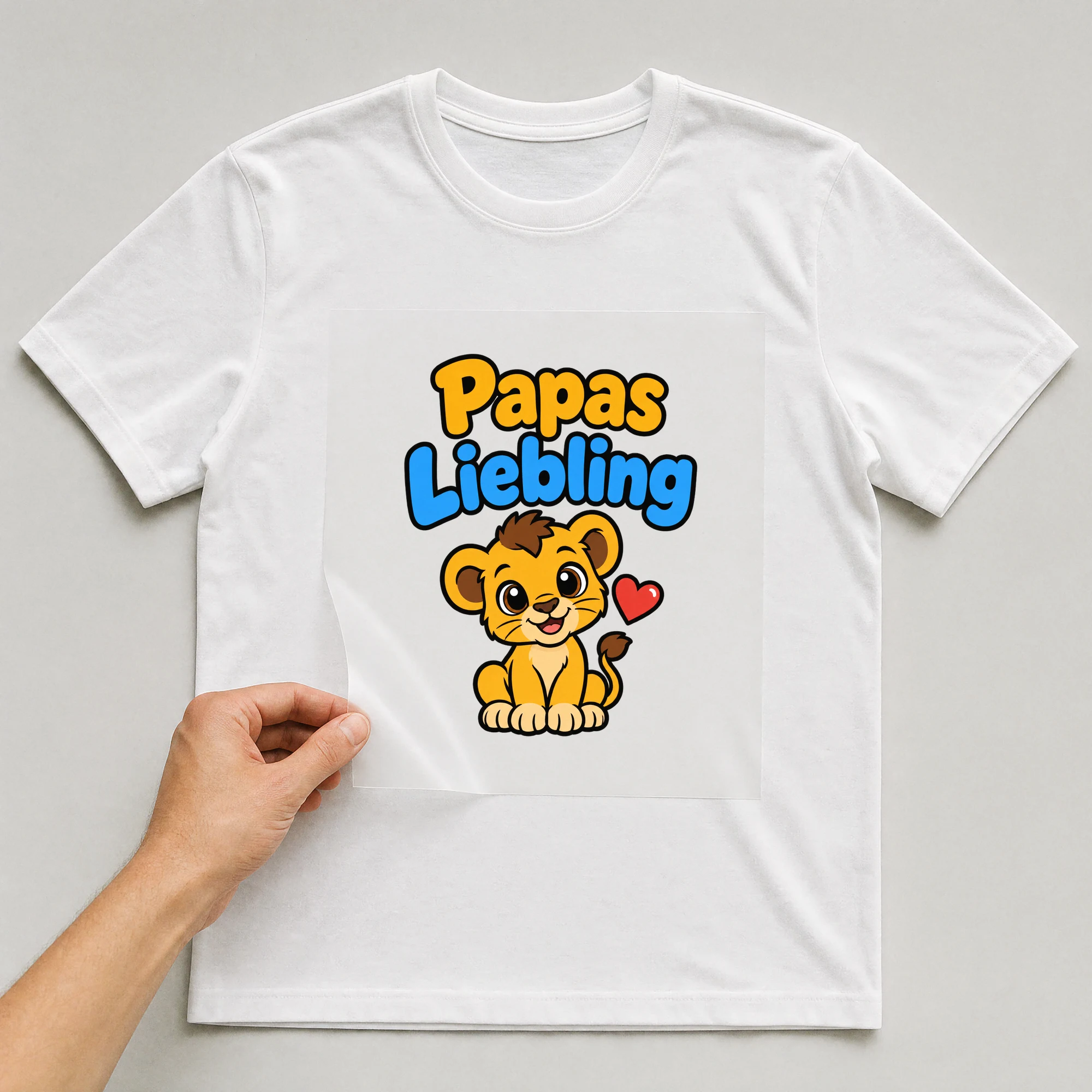 Bügelbild „Papas Liebling“ auf weißem T-Shirt, Folie wird aufgelegt