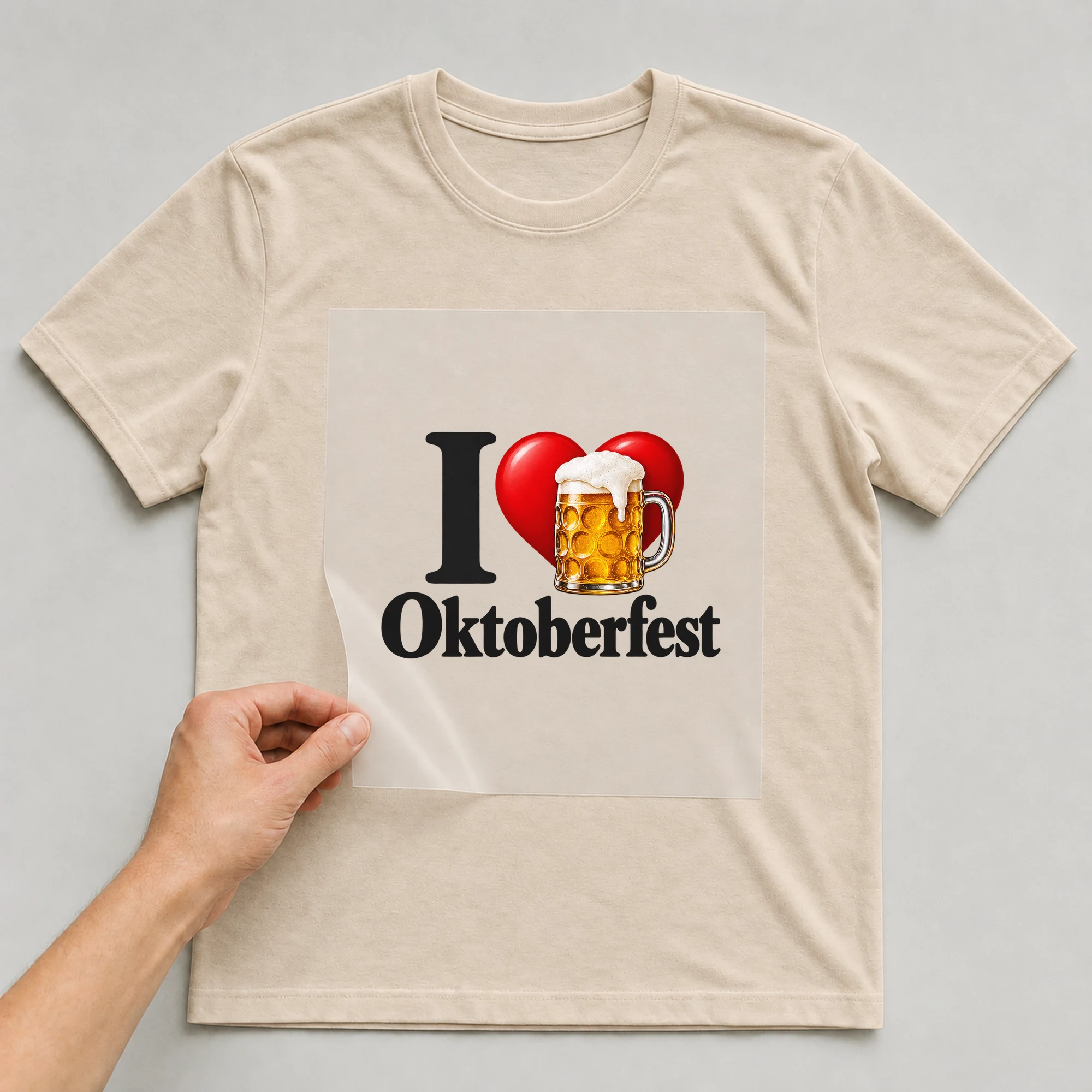 Bügelbild „I Oktoberfest“ auf beigem T-Shirt, Folie wird aufgelegt