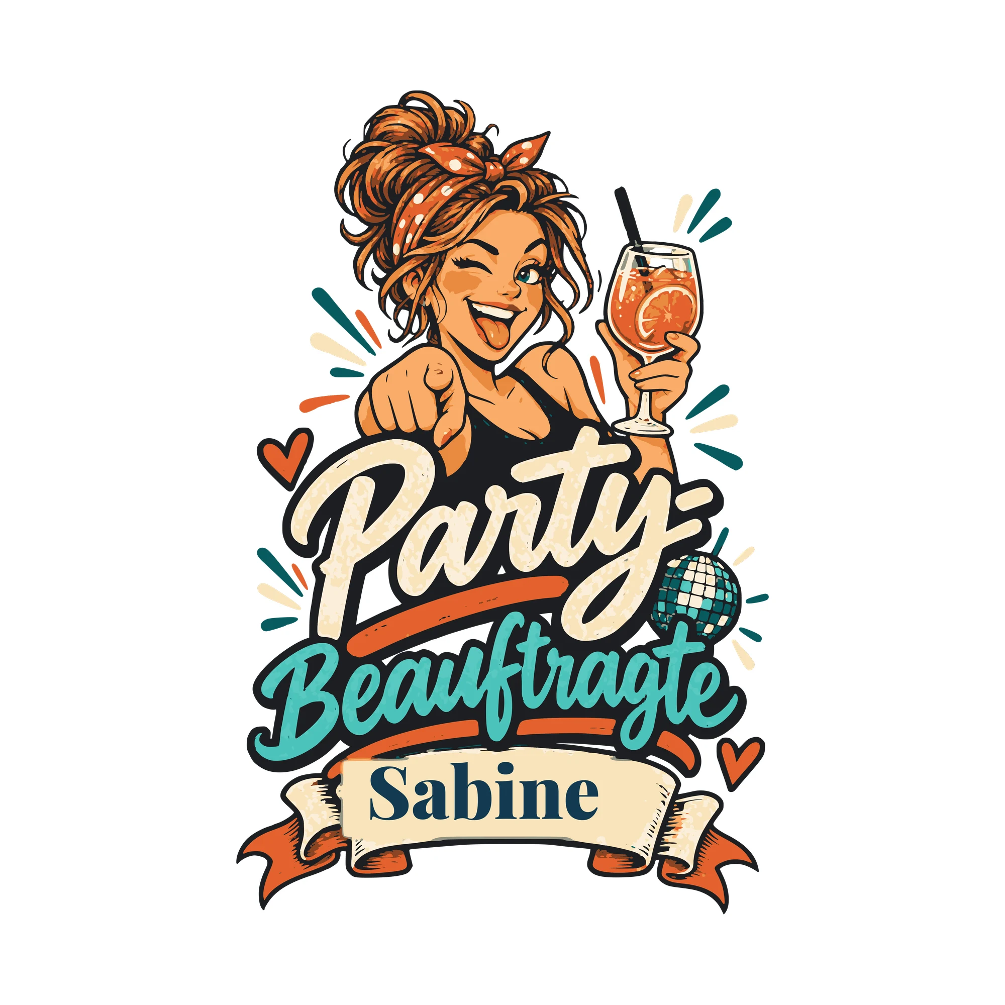 Bügelbild Party-Beauftragte mit Name als Grafik auf weißem Hintergrund (BB011087)