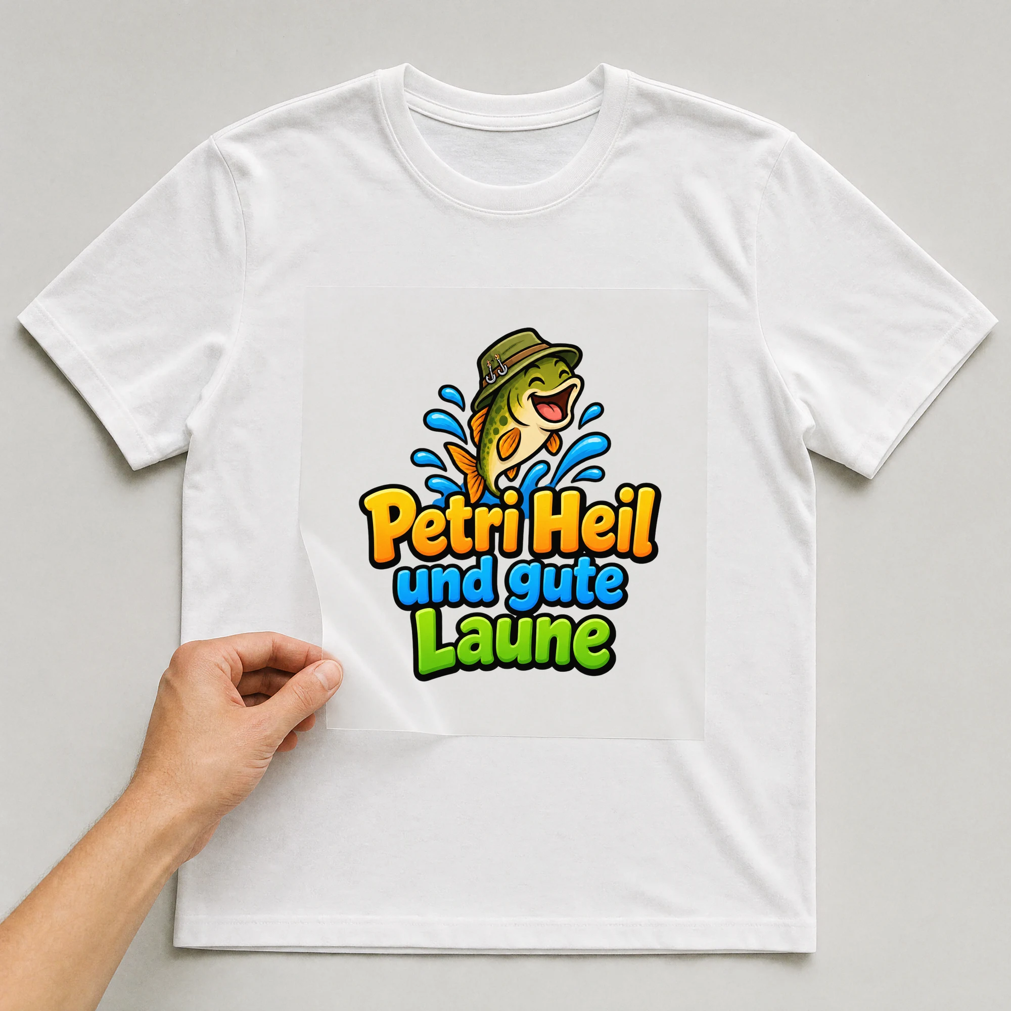 Bügelbild „Petri Heil und gute Laune“ auf weißem T-Shirt, Folie wird aufgelegt