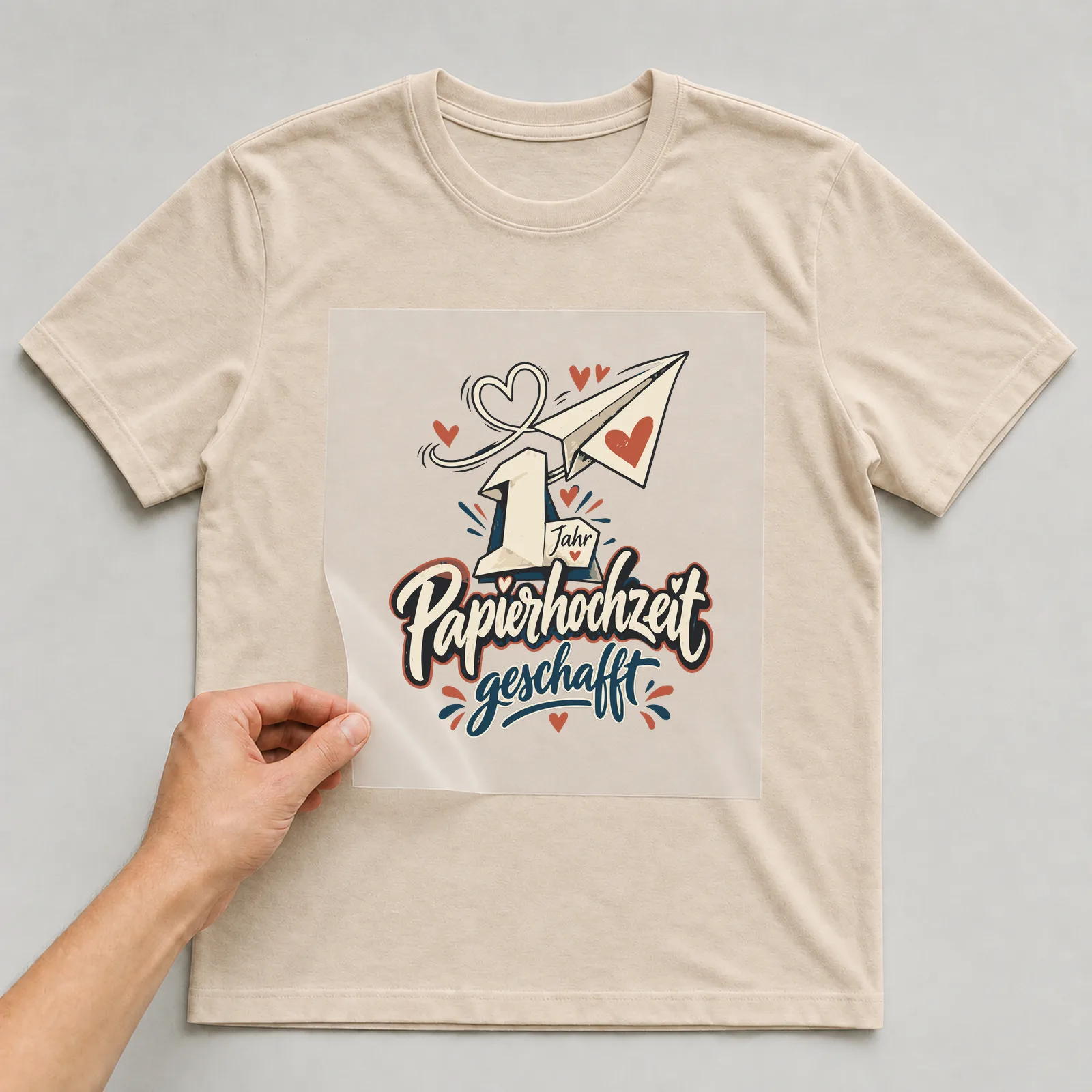 Bügelbild Papierhochzeit geschafft auf beigem T-Shirt, Folie wird aufgelegt