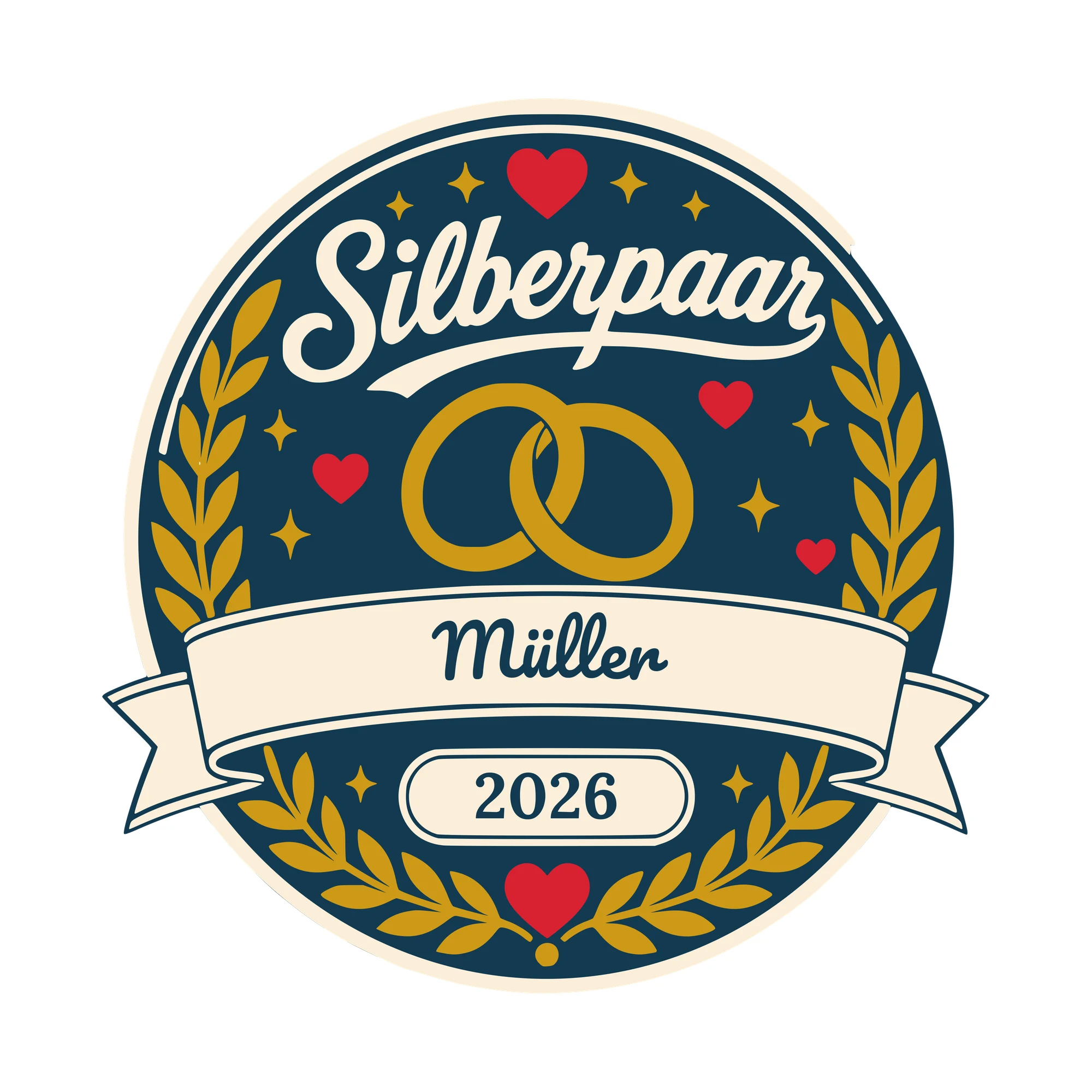 Bügelbild Silberpaar mit Nachname und Jahr als Grafik auf weißem Hintergrund (BB010500)
