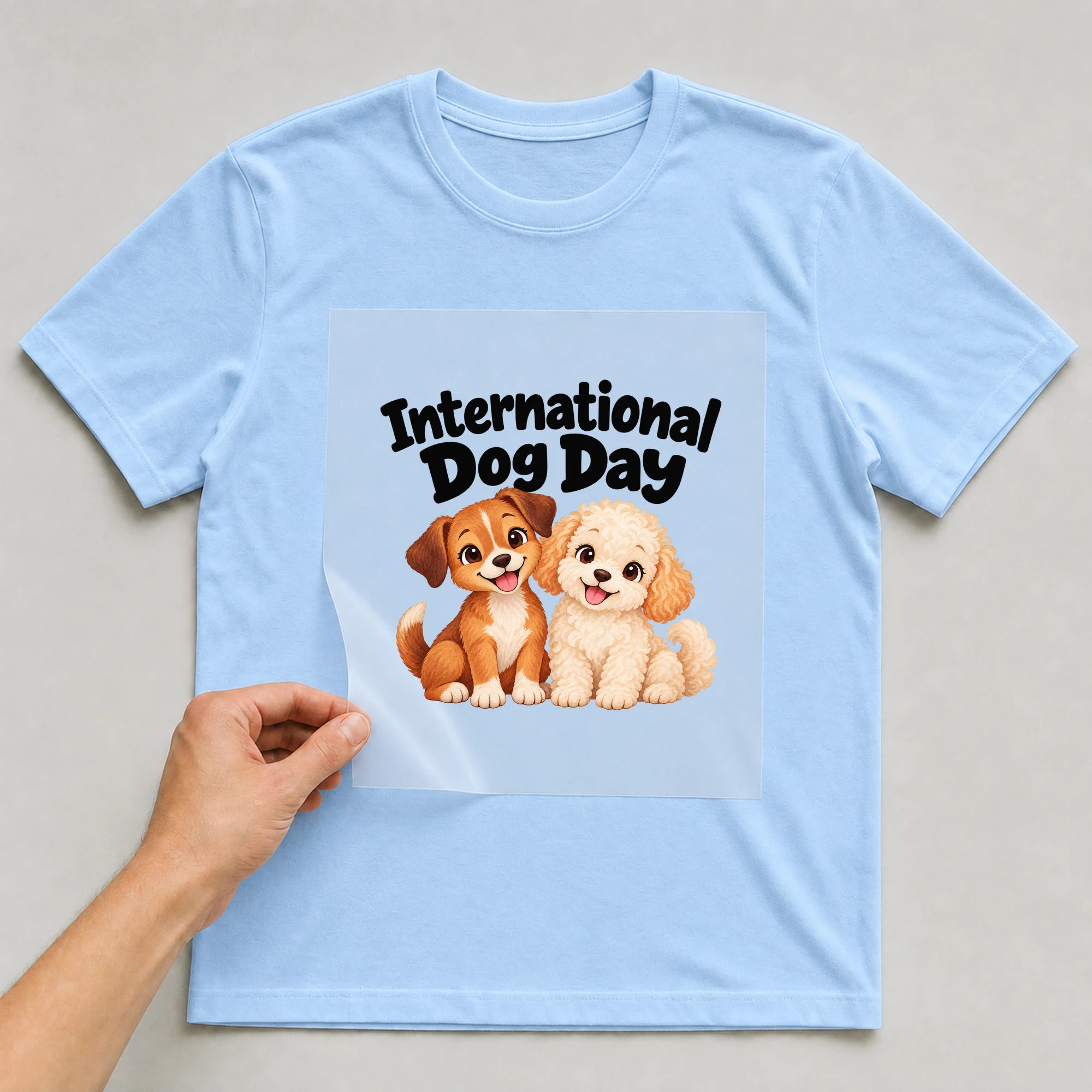 Bügelbild „International Dog Day“ auf babyblauem T-Shirt, Folie wird aufgelegt