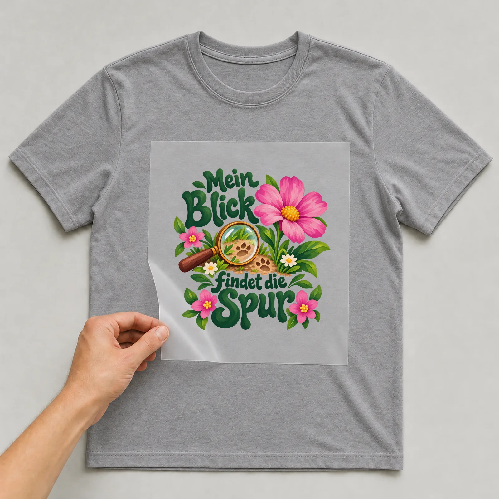 Bügelbild „Mein Blick findet die Spur“ auf grauem T-Shirt, Folie wird aufgelegt