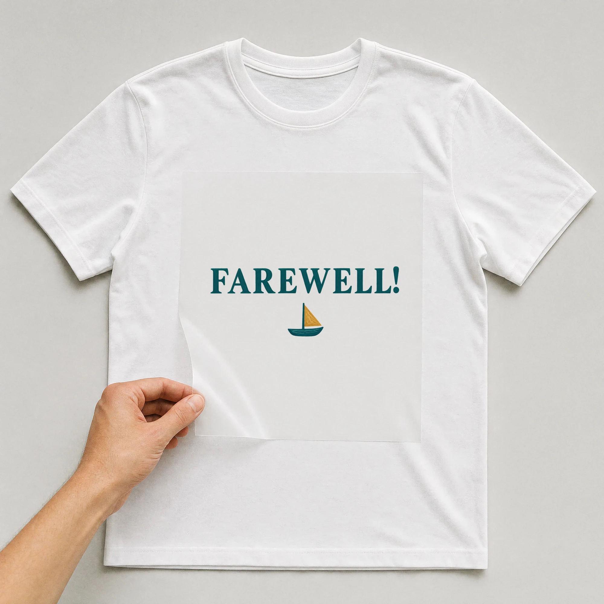 Bügelbild „FAREWELL!“ auf weißem T-Shirt, Folie wird aufgelegt