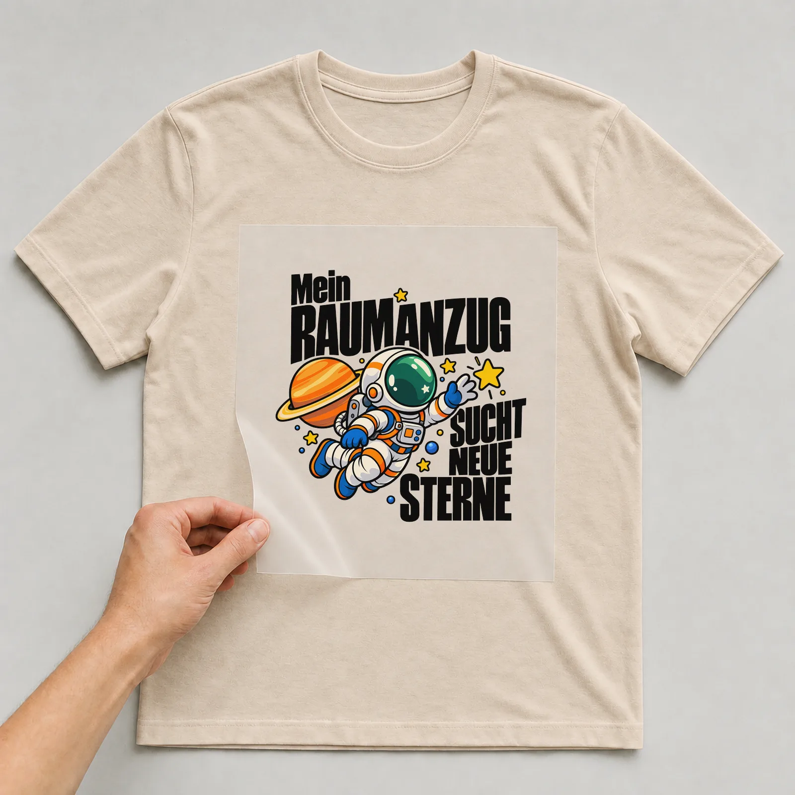 Bügelbild „Mein RAUMANZUG SUCHT NEUE STERNE“ auf beigem T-Shirt, Folie wird aufgelegt