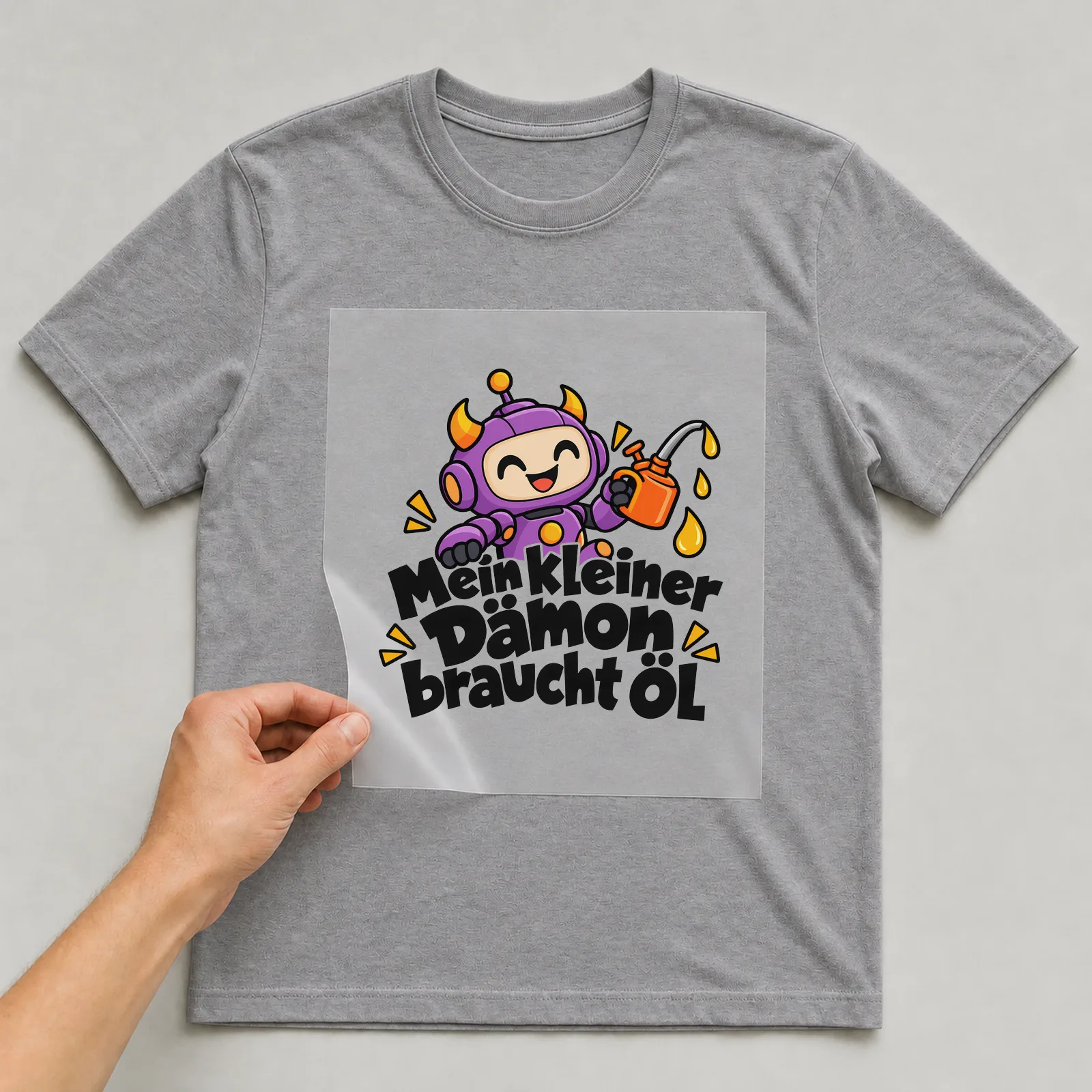 Bügelbild „Mein kleiner Dämon braucht Öl“ auf grauem T-Shirt, Folie wird aufgelegt