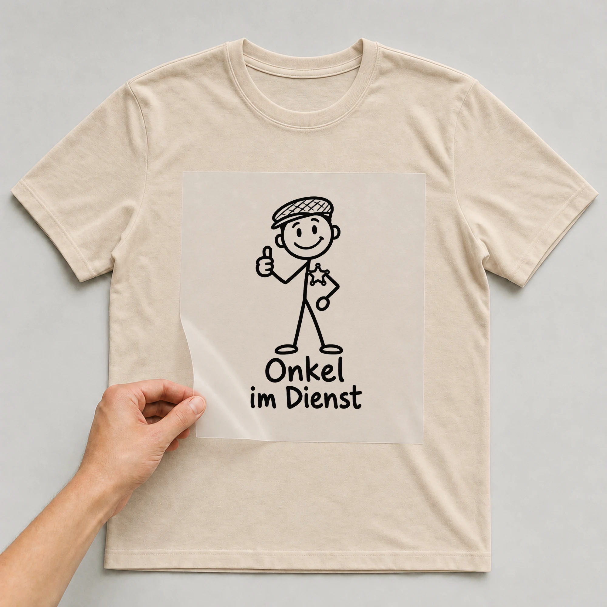 Bügelbild „Onkel im Dienst“ auf beigem T-Shirt, Folie wird aufgelegt
