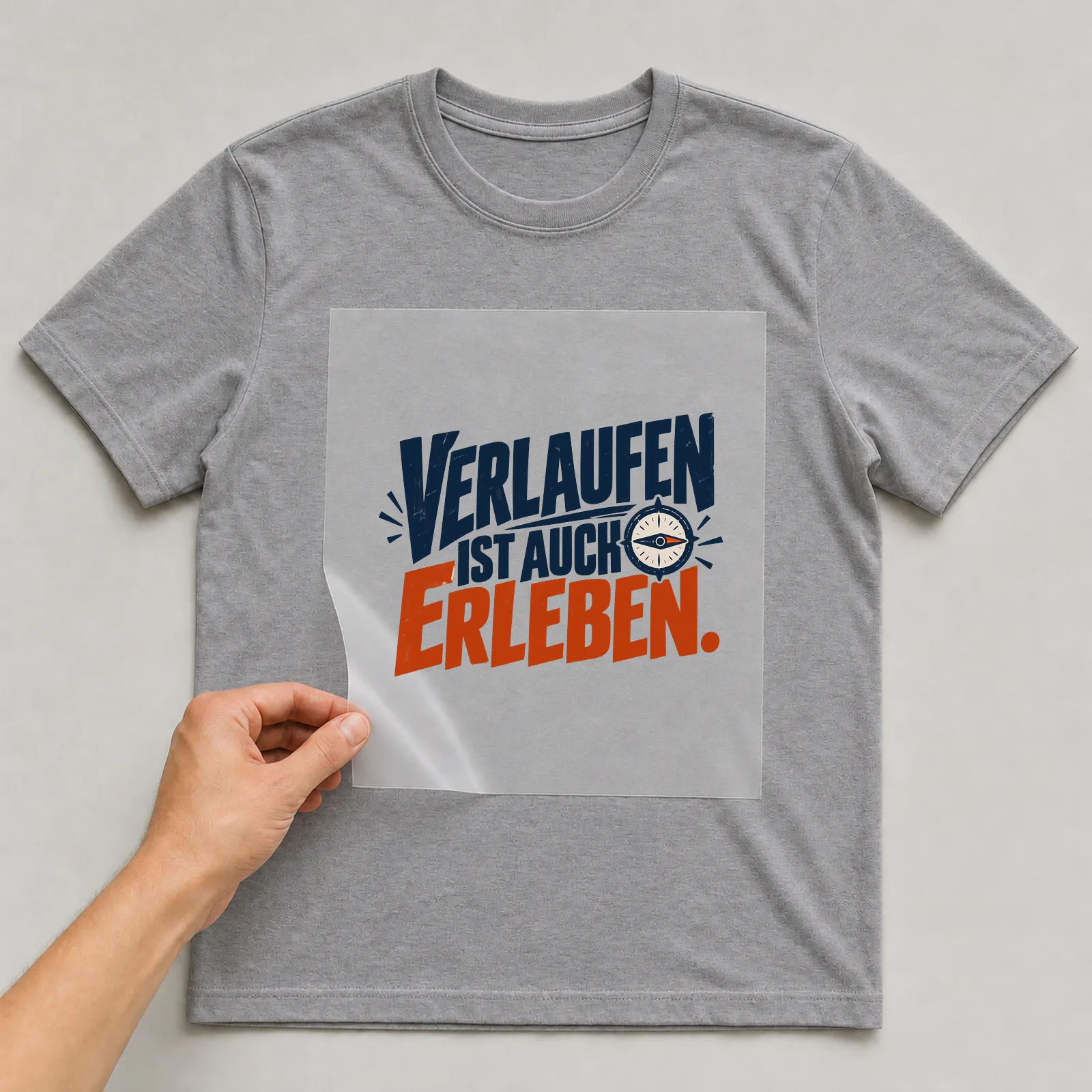 Bügelbild „Verlaufen ist auch erleben“ auf grauem T-Shirt, Folie wird aufgelegt