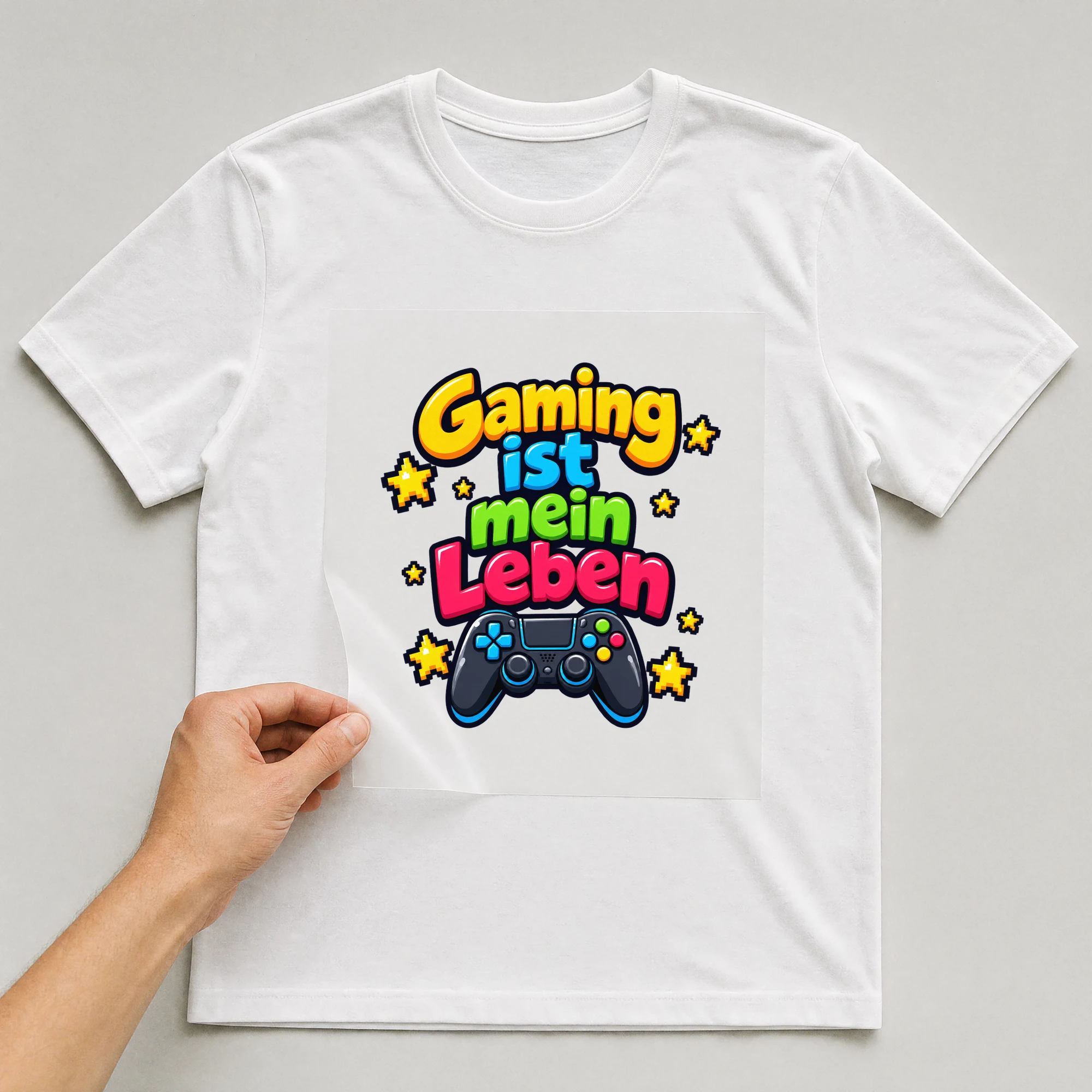 Bügelbild „Gaming ist mein Leben“ auf weißem T-Shirt, Folie wird aufgelegt
