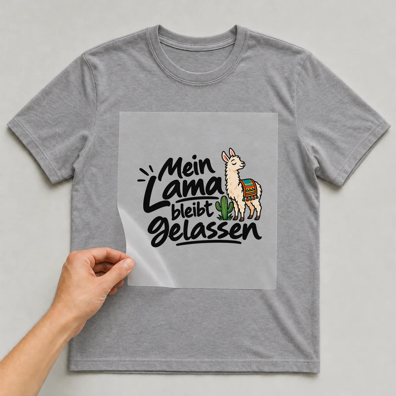 Bügelbild „Mein Lama bleibt gelassen“ auf grauem T-Shirt, Folie wird aufgelegt