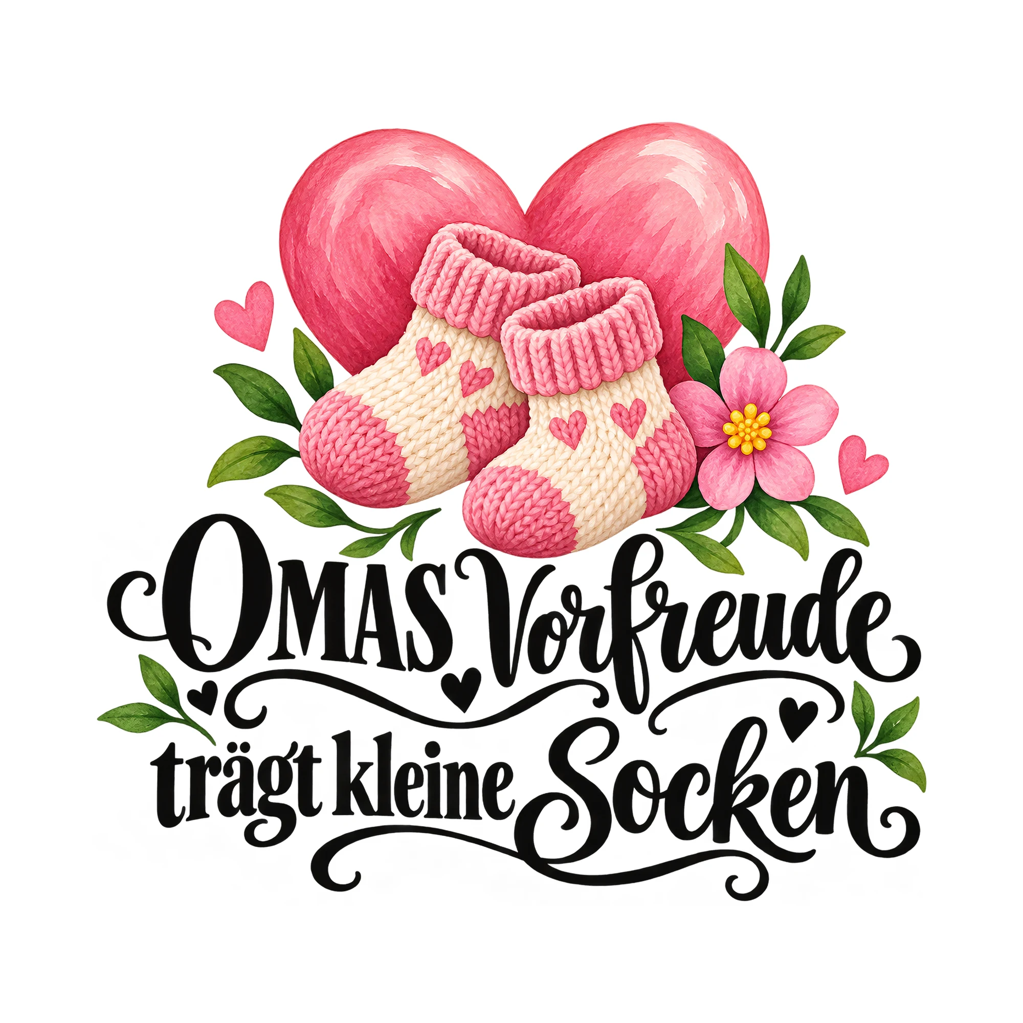 Bügelbild OMAS Vorfreude trägt kleine Socken als Grafik auf weißem Hintergrund (BB011798)