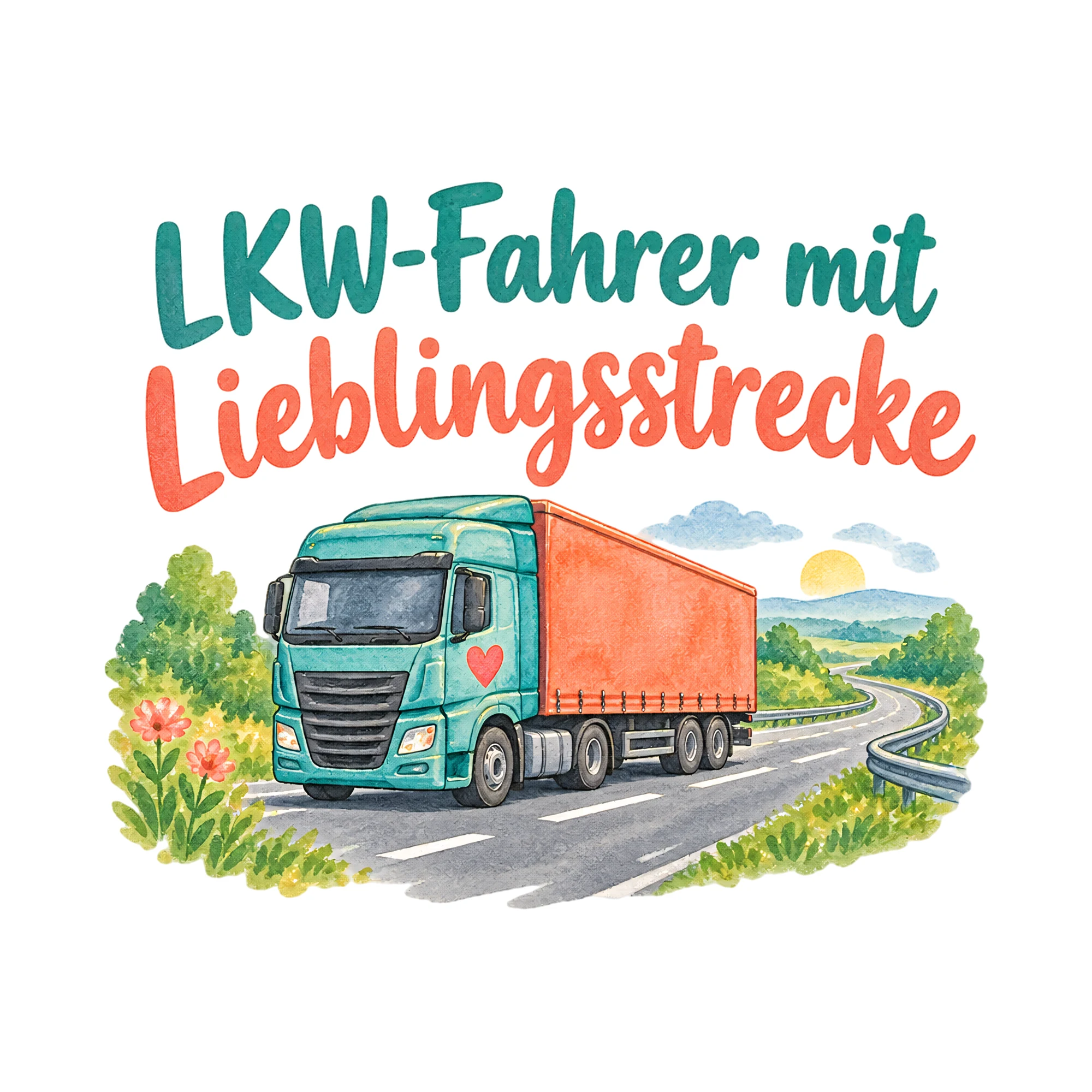 Bügelbild LKW-Fahrer mit Lieblingsstrecke als Grafik auf weißem Hintergrund (BB020284)