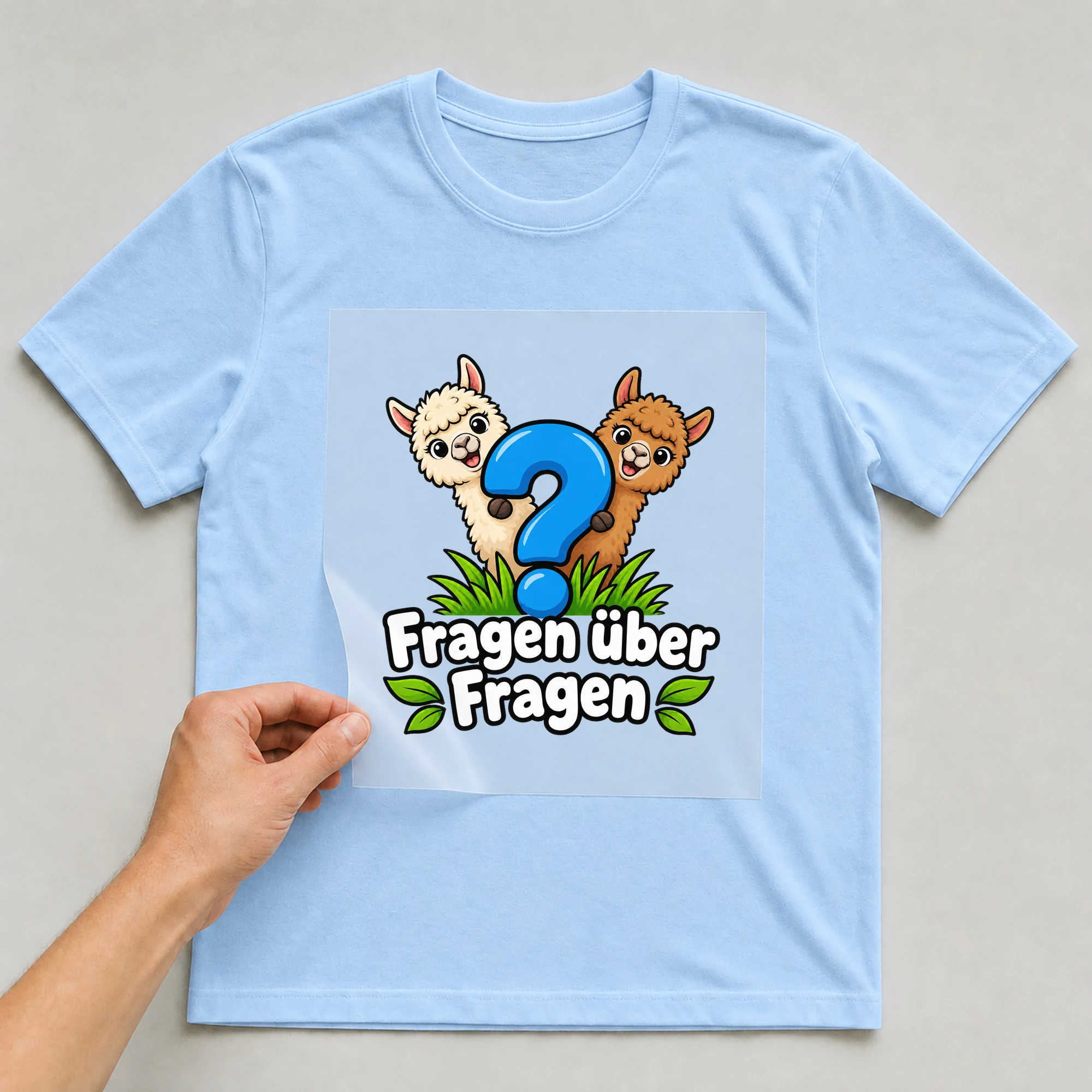 Bügelbild „Mit Zahlen wird es wild“ auf babyblauem T-Shirt, Folie wird aufgelegt
