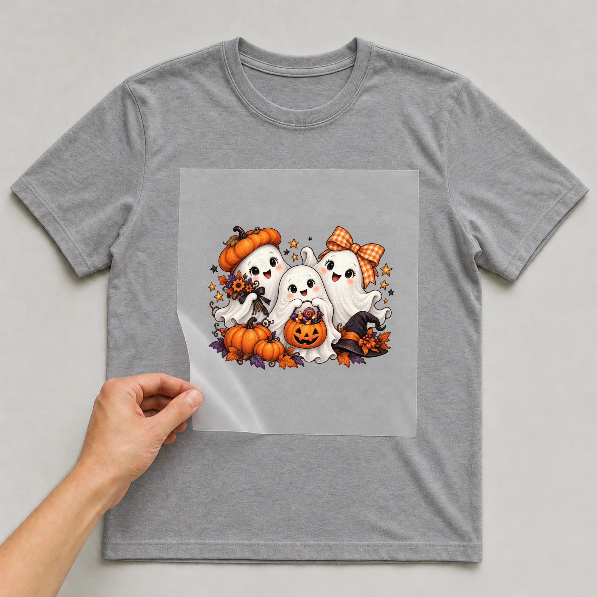 Bügelbild „Geister-Trio mit Kürbiseimer“ auf grauem T-Shirt, Folie wird aufgelegt