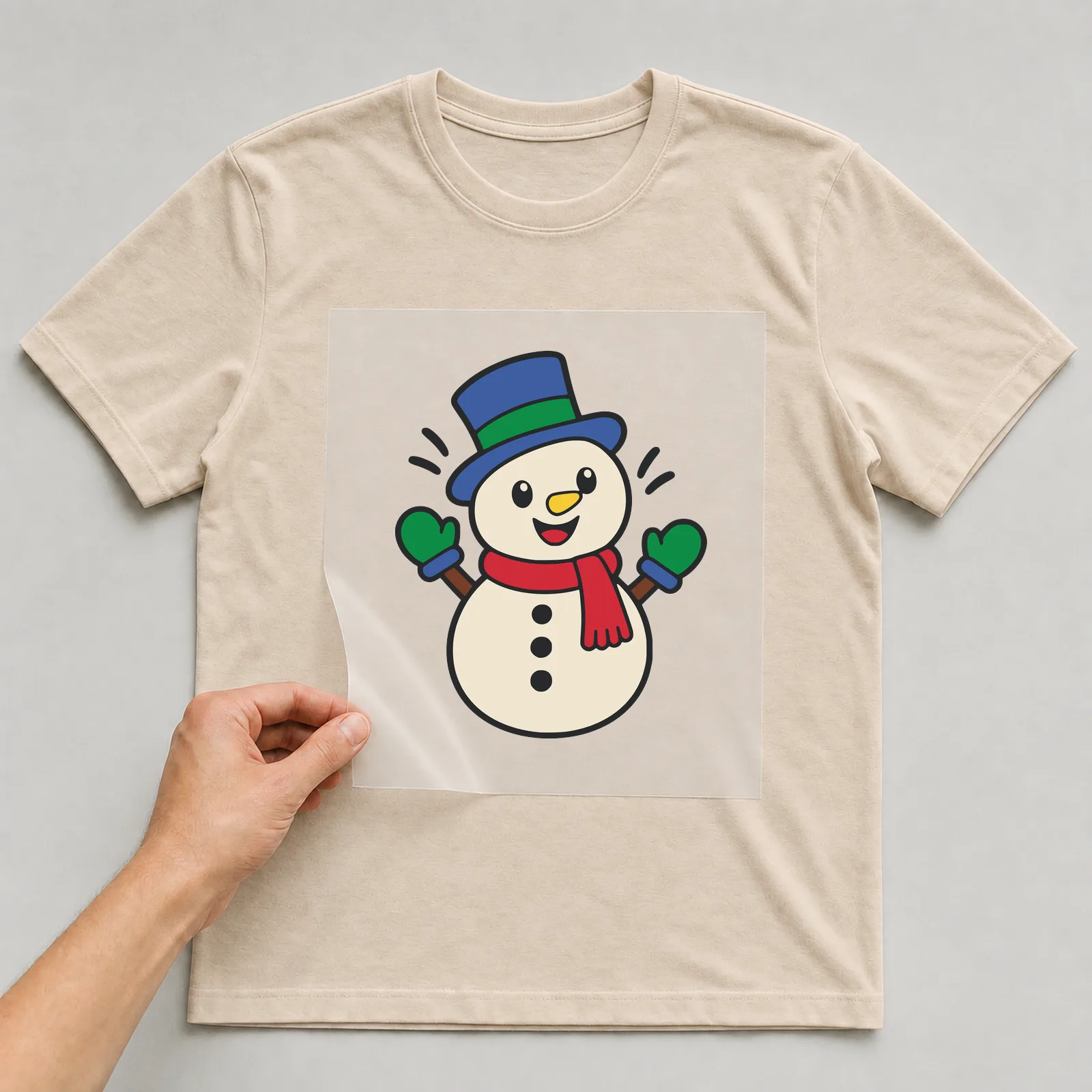 Bügelbild Schneemann im Comic-Stil auf beigem T-Shirt, Folie wird aufgelegt