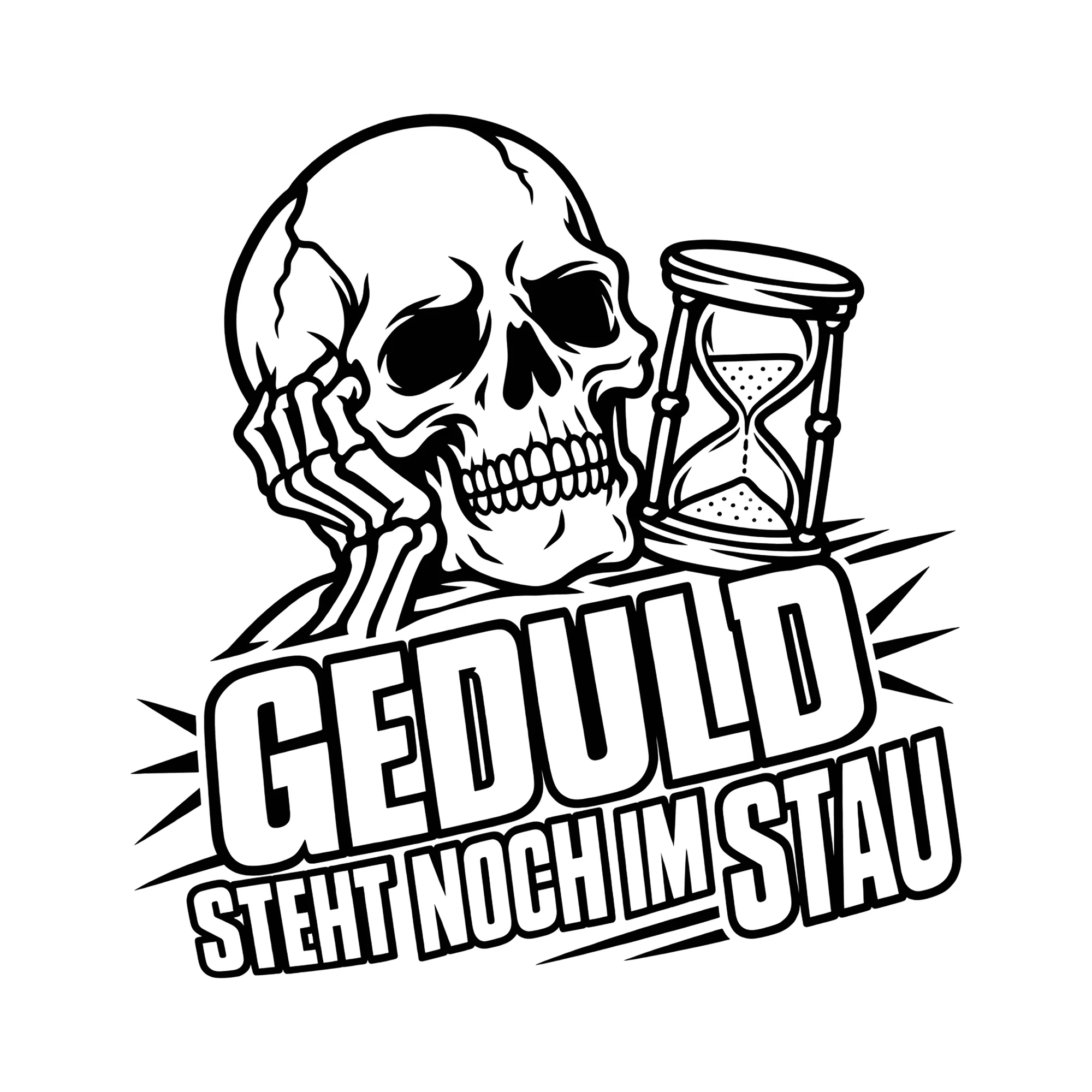 Bügelbild GEDULD STEHT NOCH IM STAU als Grafik auf weißem Hintergrund (BB014395)