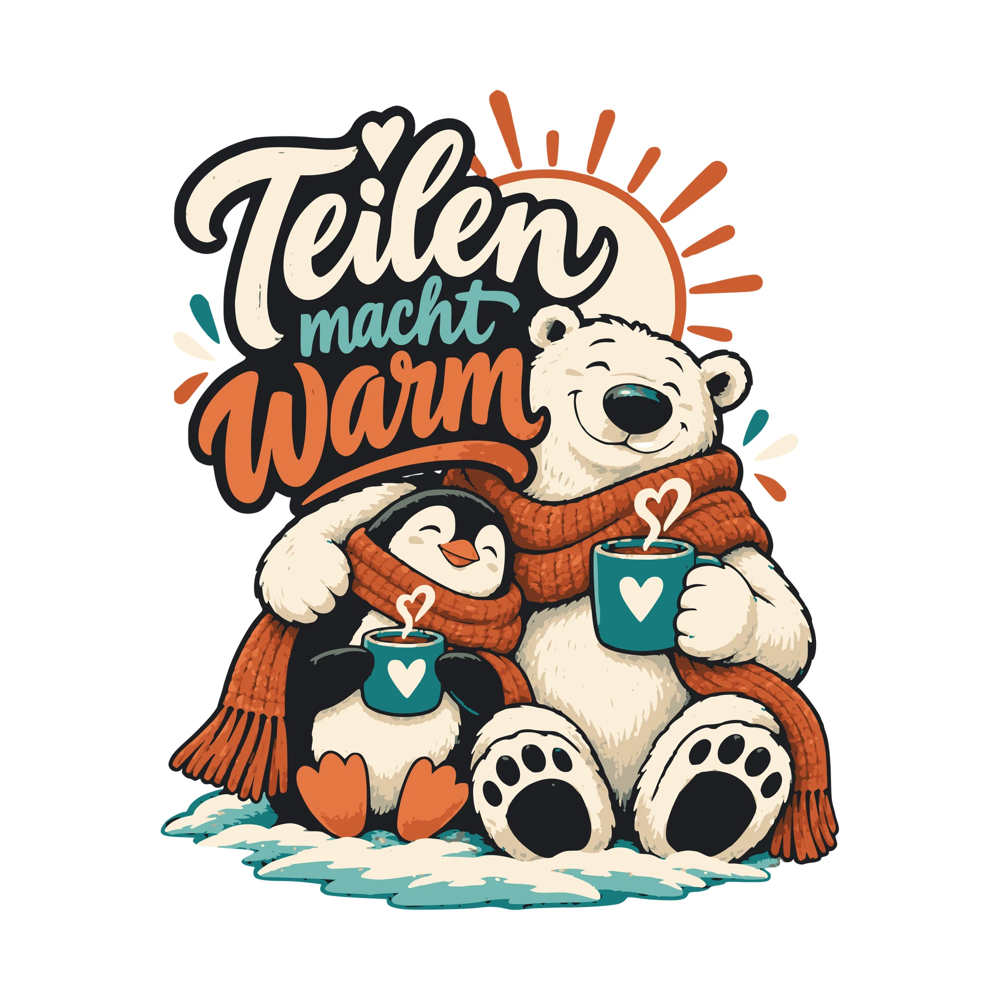 Bügelbild Teilen macht warm als Grafik auf weißem Hintergrund (BB011206)