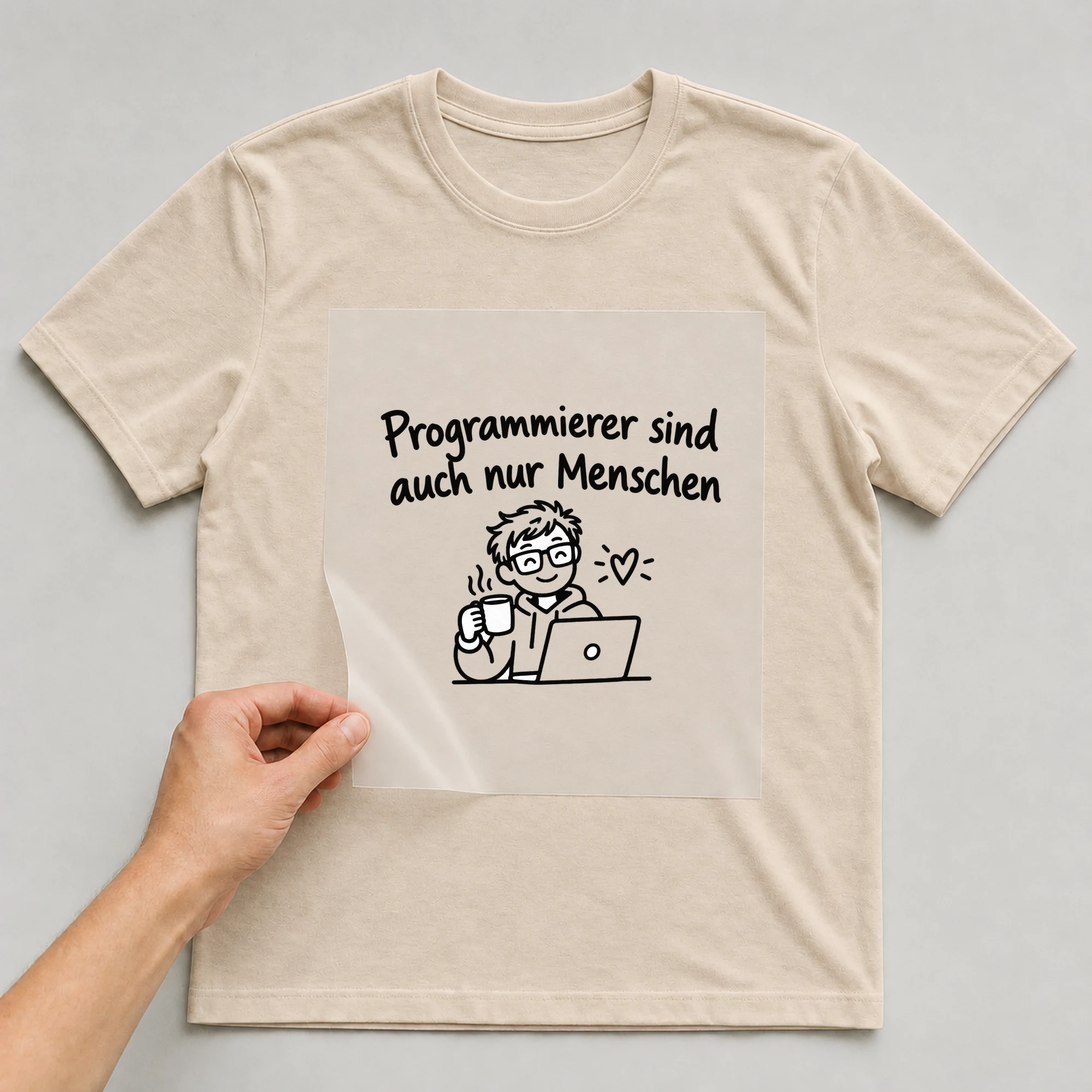 Bügelbild „Programmierer sind auch nur Menschen“ auf beigem T-Shirt, Folie wird aufgelegt