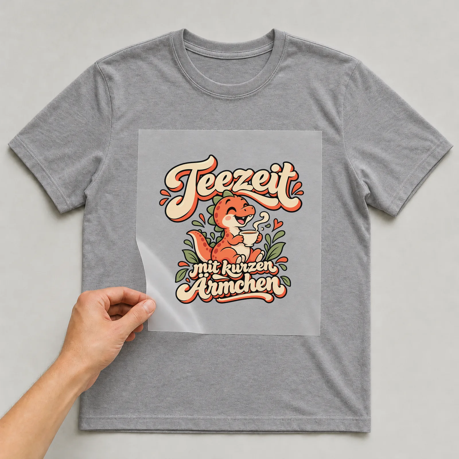 Bügelbild „Teezeit mit kurzen Ärmchen“ auf grauem T-Shirt, Folie wird aufgelegt