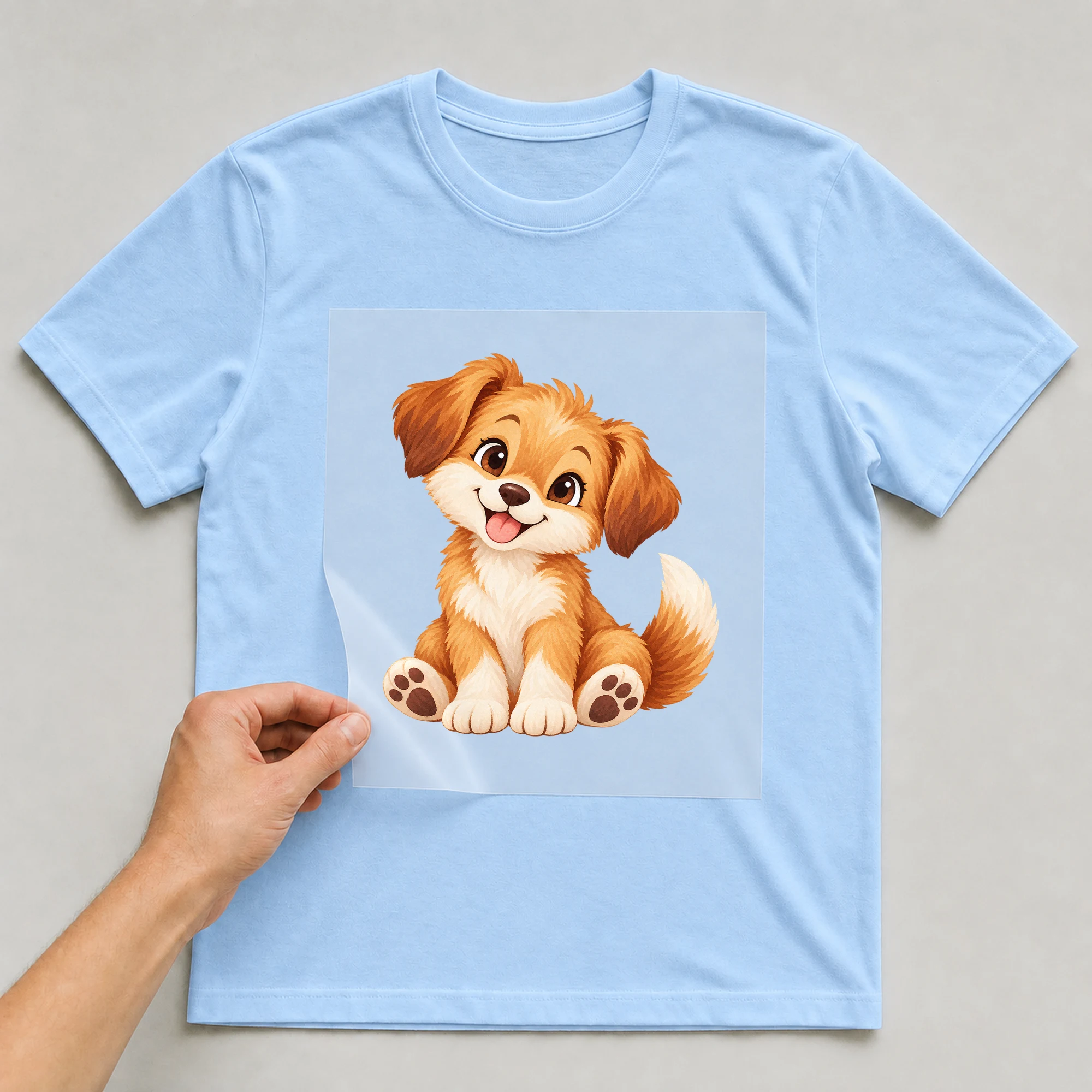 Bügelbild „Süßer Hund“ auf babyblauem T-Shirt, Folie wird aufgelegt