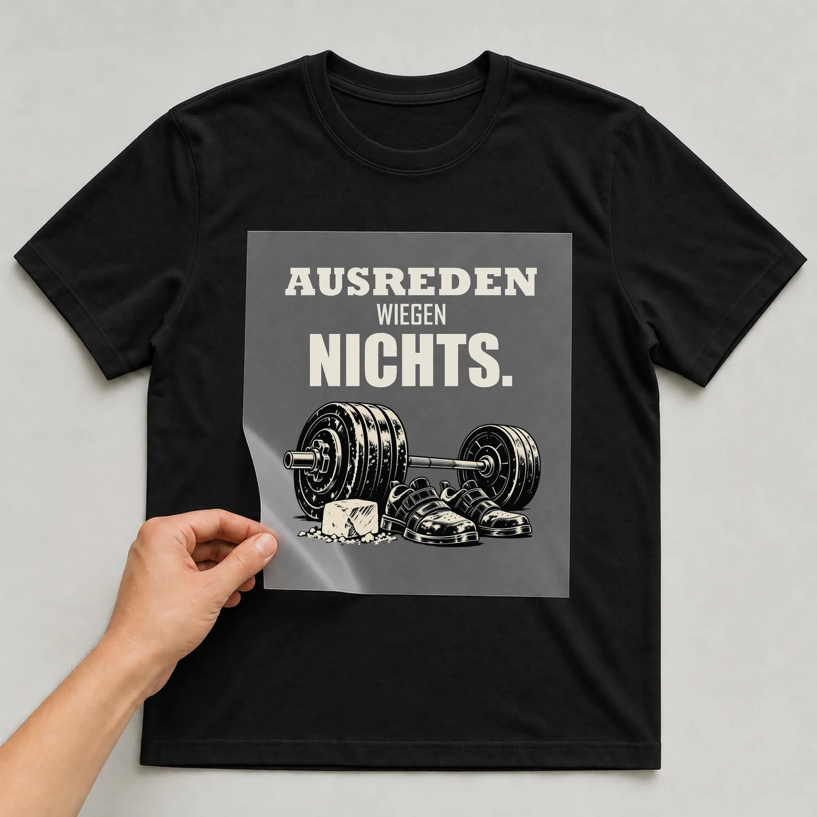 Bügelbild „Ausreden wiegen nichts“ auf schwarzem T-Shirt, Folie wird aufgelegt