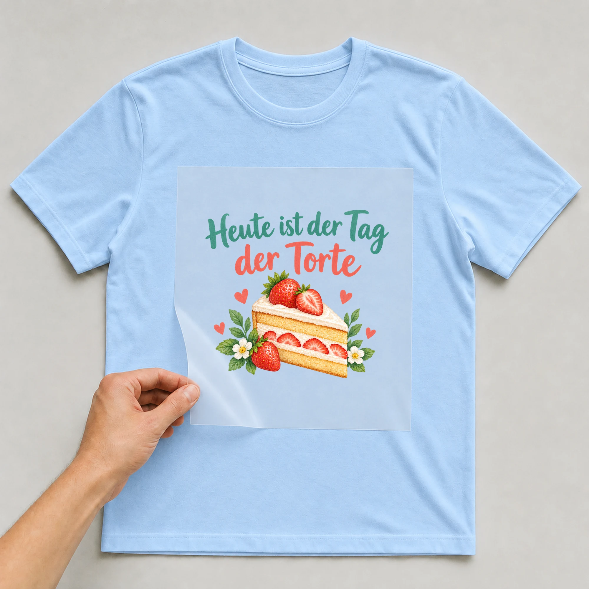 Bügelbild „Heute ist der Tag der Torte“ auf babyblauem T-Shirt, Folie wird aufgelegt