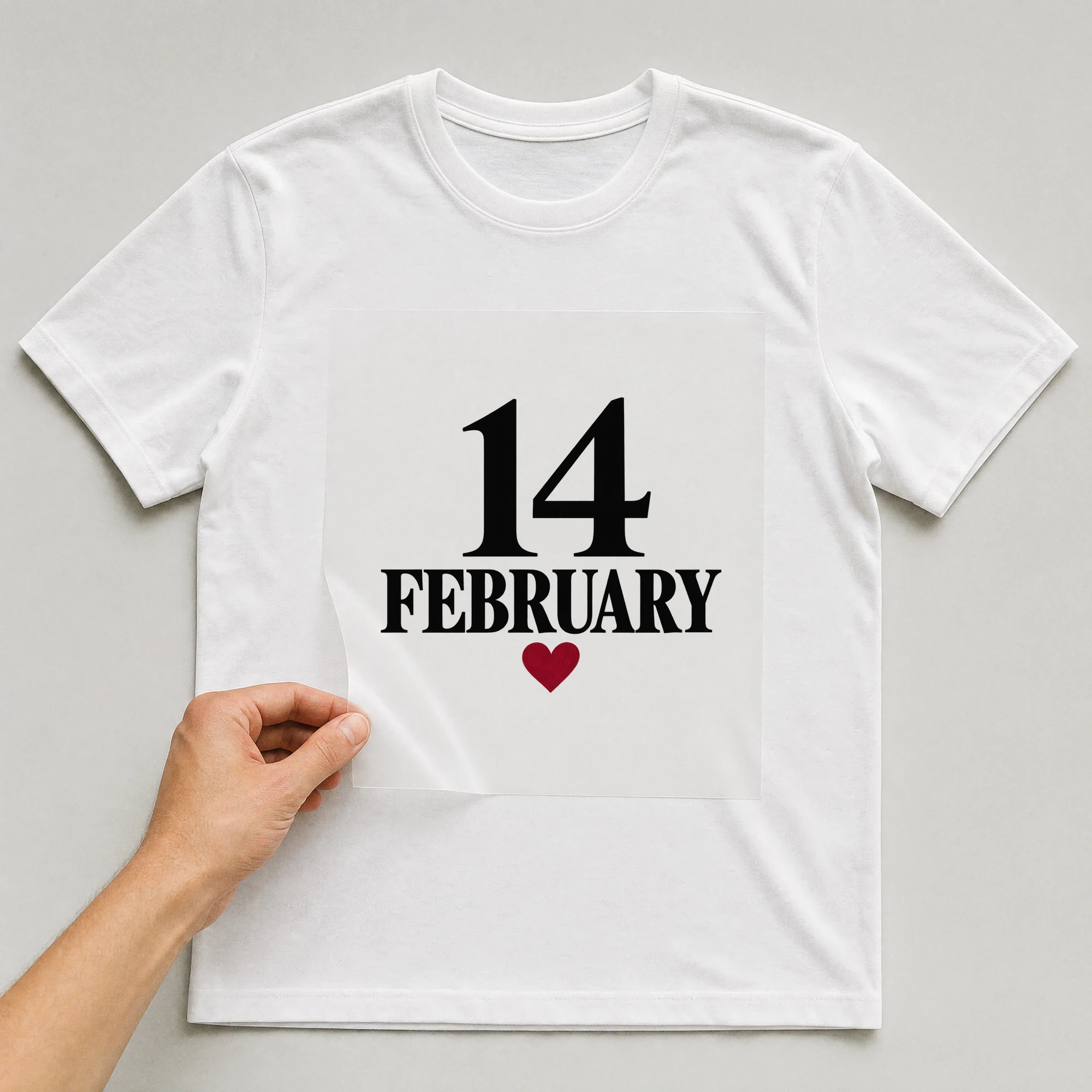 Bügelbild „14 February“ auf weißem T-Shirt, Folie wird aufgelegt