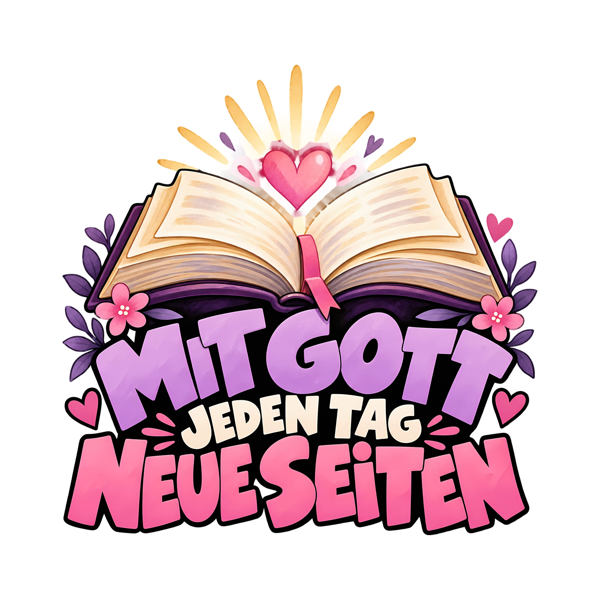 Bügelbild Mit Gott jeden Tag neue Seiten als Grafik auf weißem Hintergrund (BB014101)
