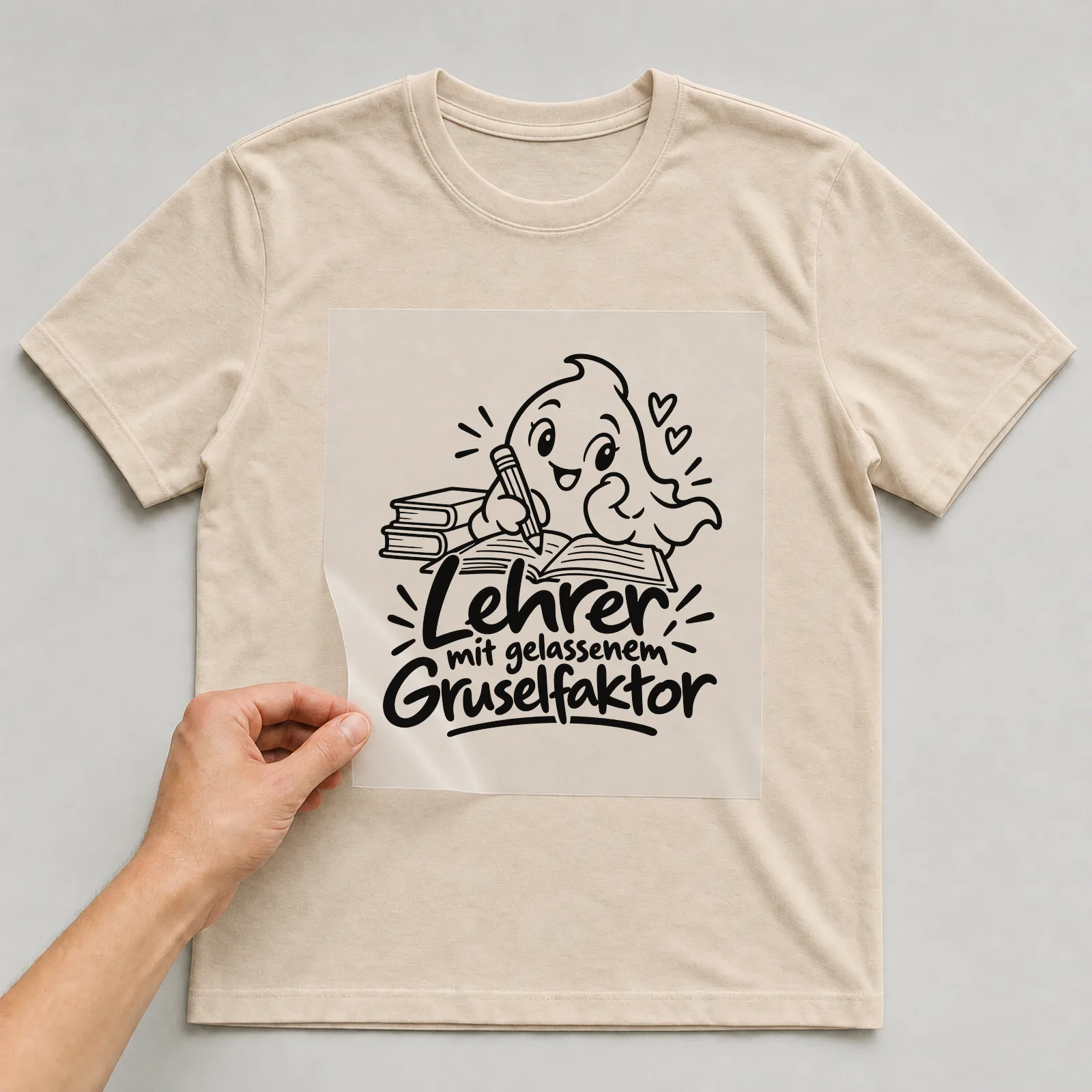 Bügelbild „Lehrer mit gelassenem Gruselfaktor“ auf beigem T-Shirt, Folie wird aufgelegt