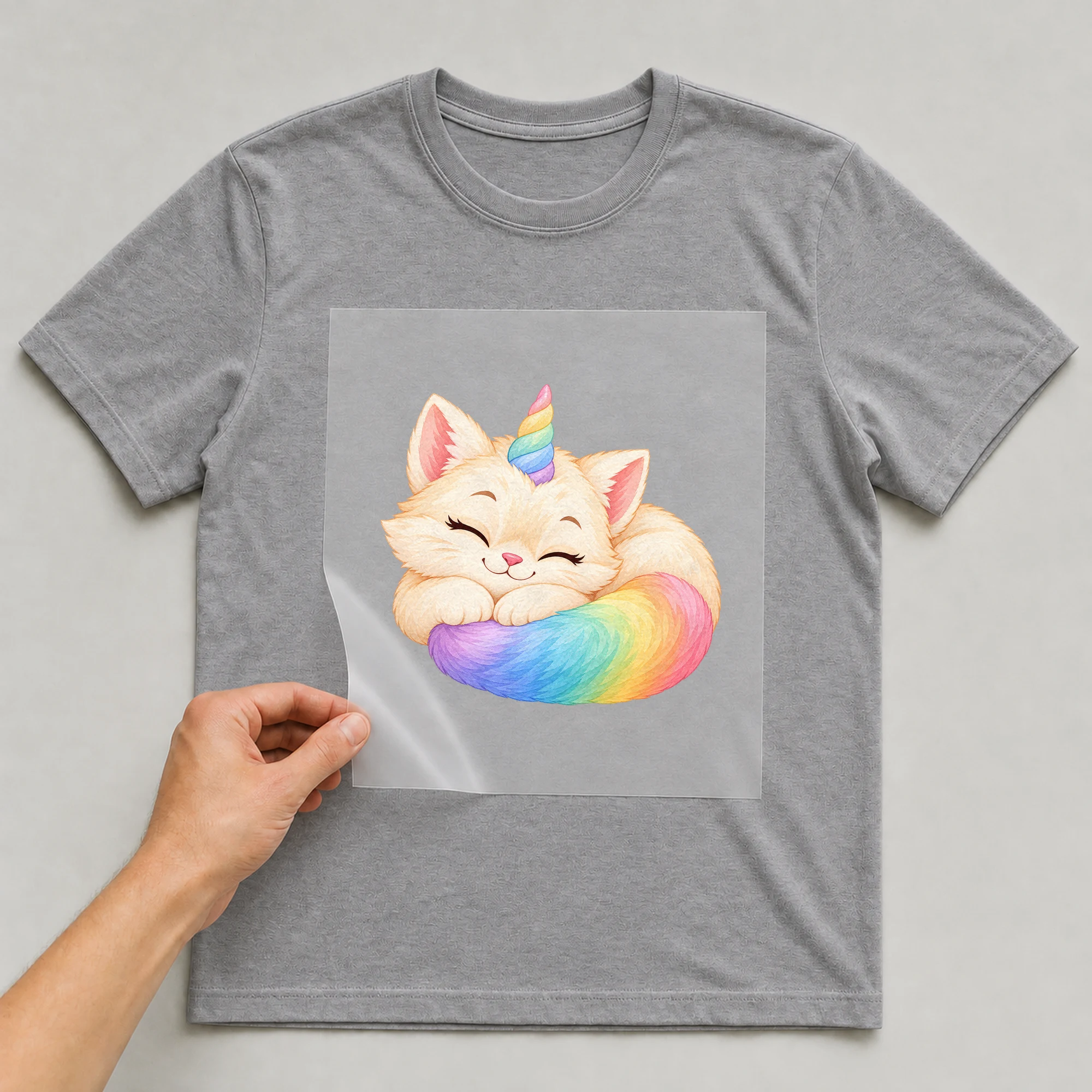 Bügelbild „Schlafende Einhorn Katze“ auf grauem T-Shirt, Folie wird aufgelegt