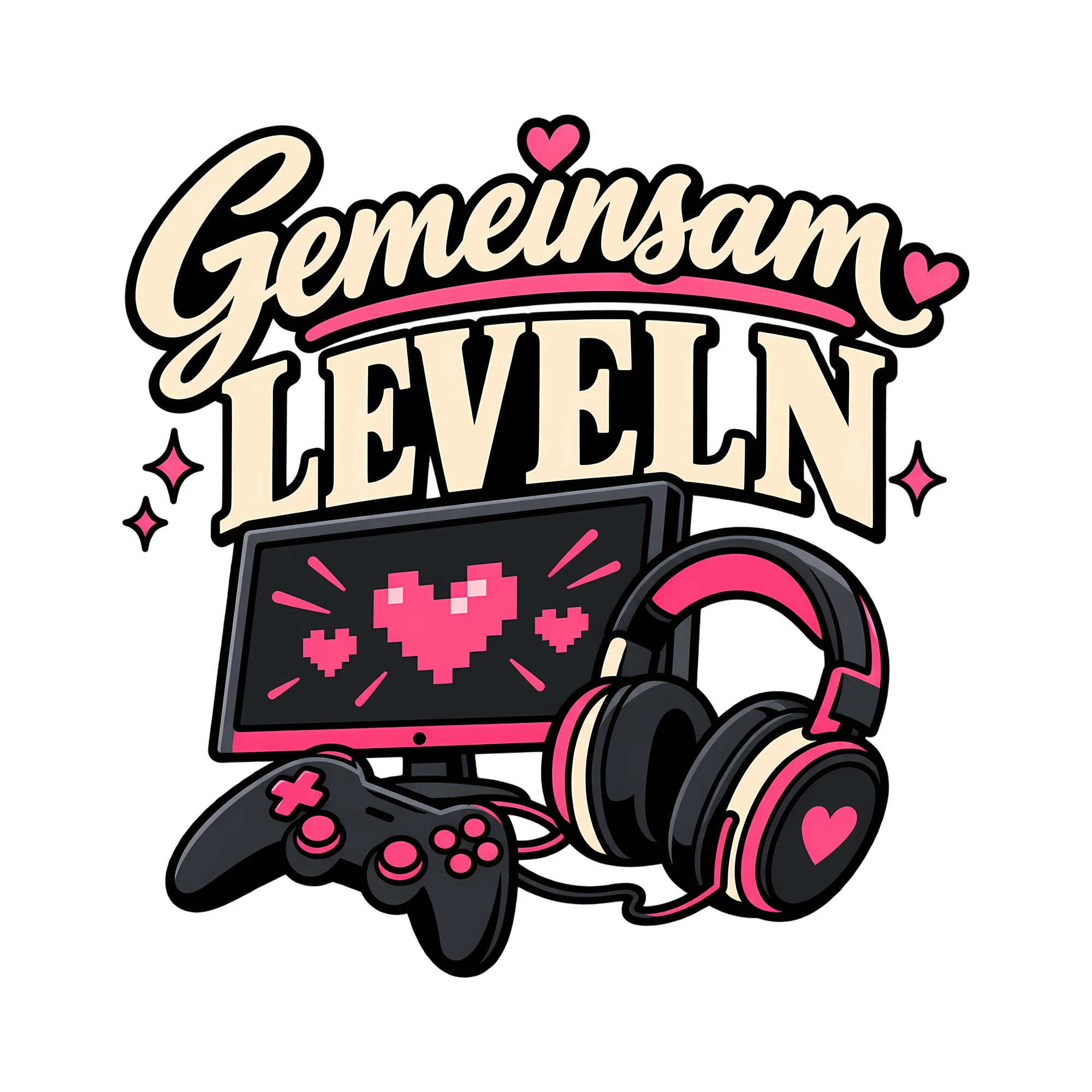 Bügelbild Gemeinsam leveln als Grafik auf weißem Hintergrund (BB012840)