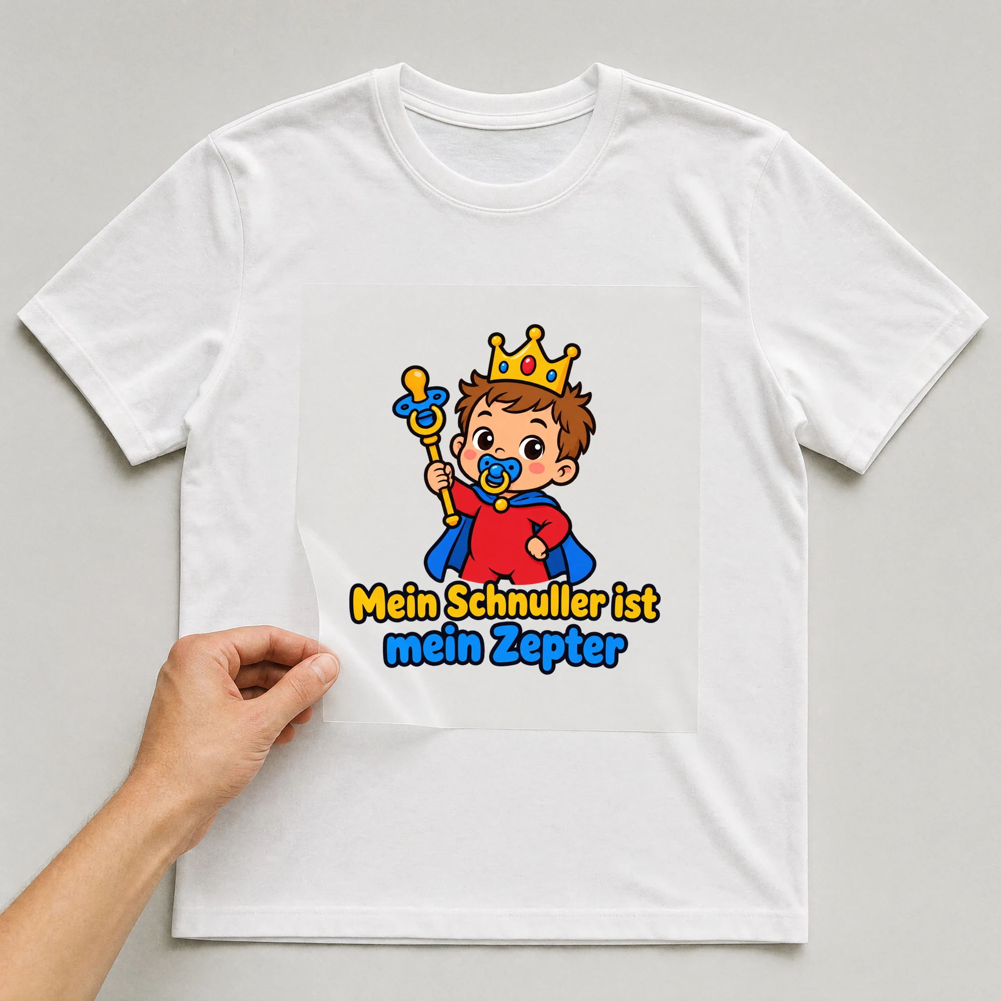 Bügelbild „Mein Schnuller ist mein Zepter“ auf weißem T-Shirt, Folie wird aufgelegt