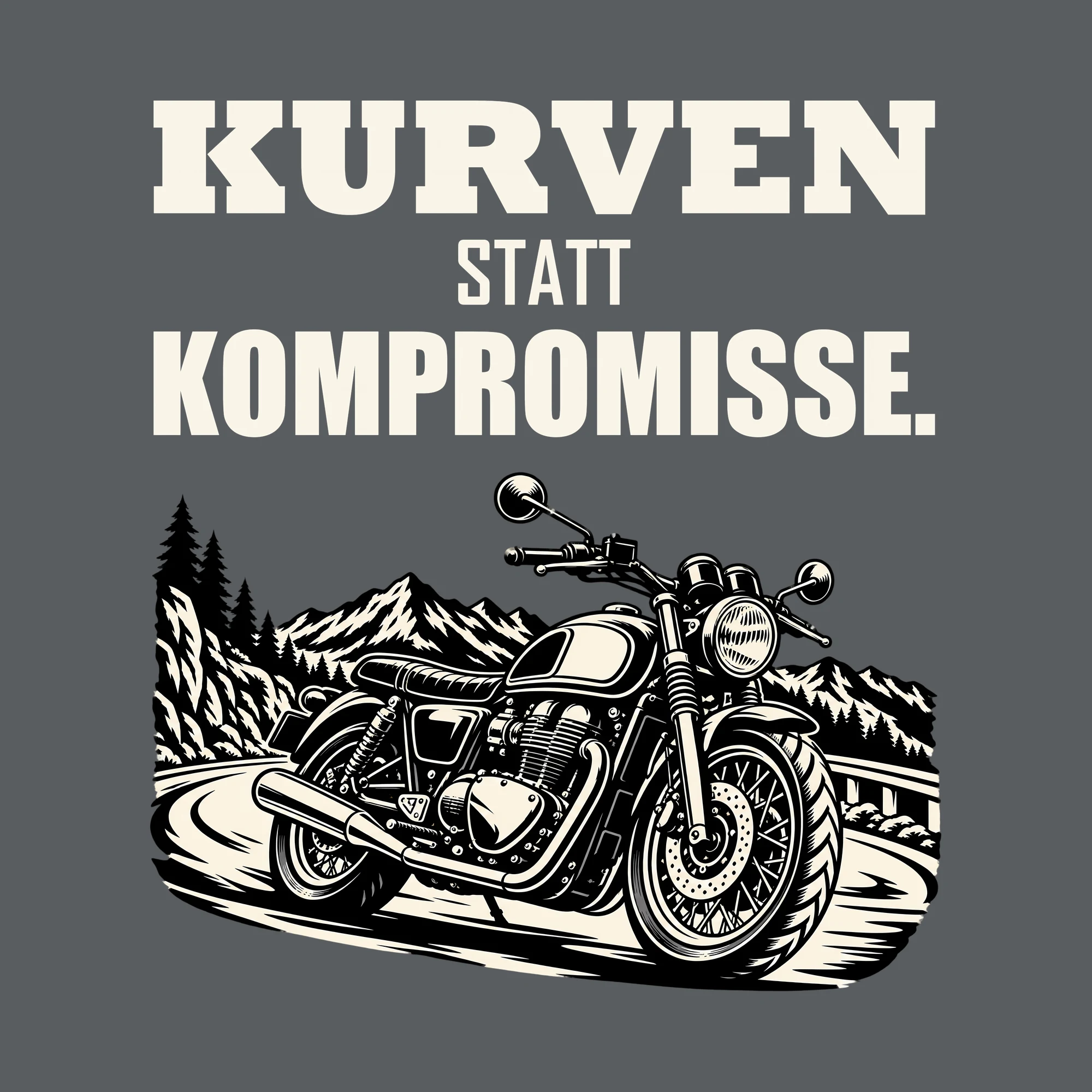 Bügelbild KURVEN STATT KOMPROMISSE. als Grafik auf dunklem Hintergrund (BB012727)