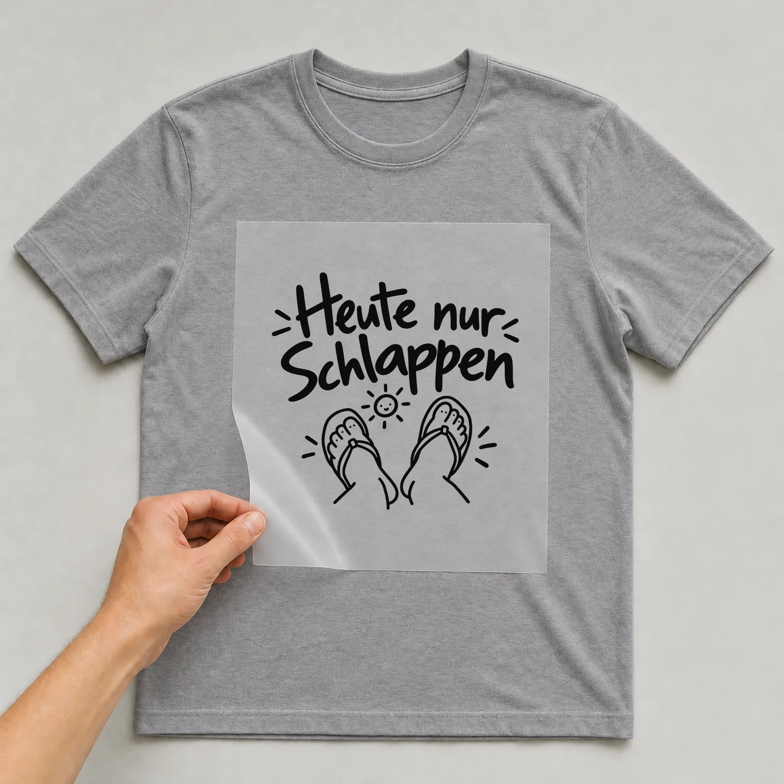 Bügelbild „Heute nur Schlappen“ auf grauem T-Shirt, Folie wird aufgelegt