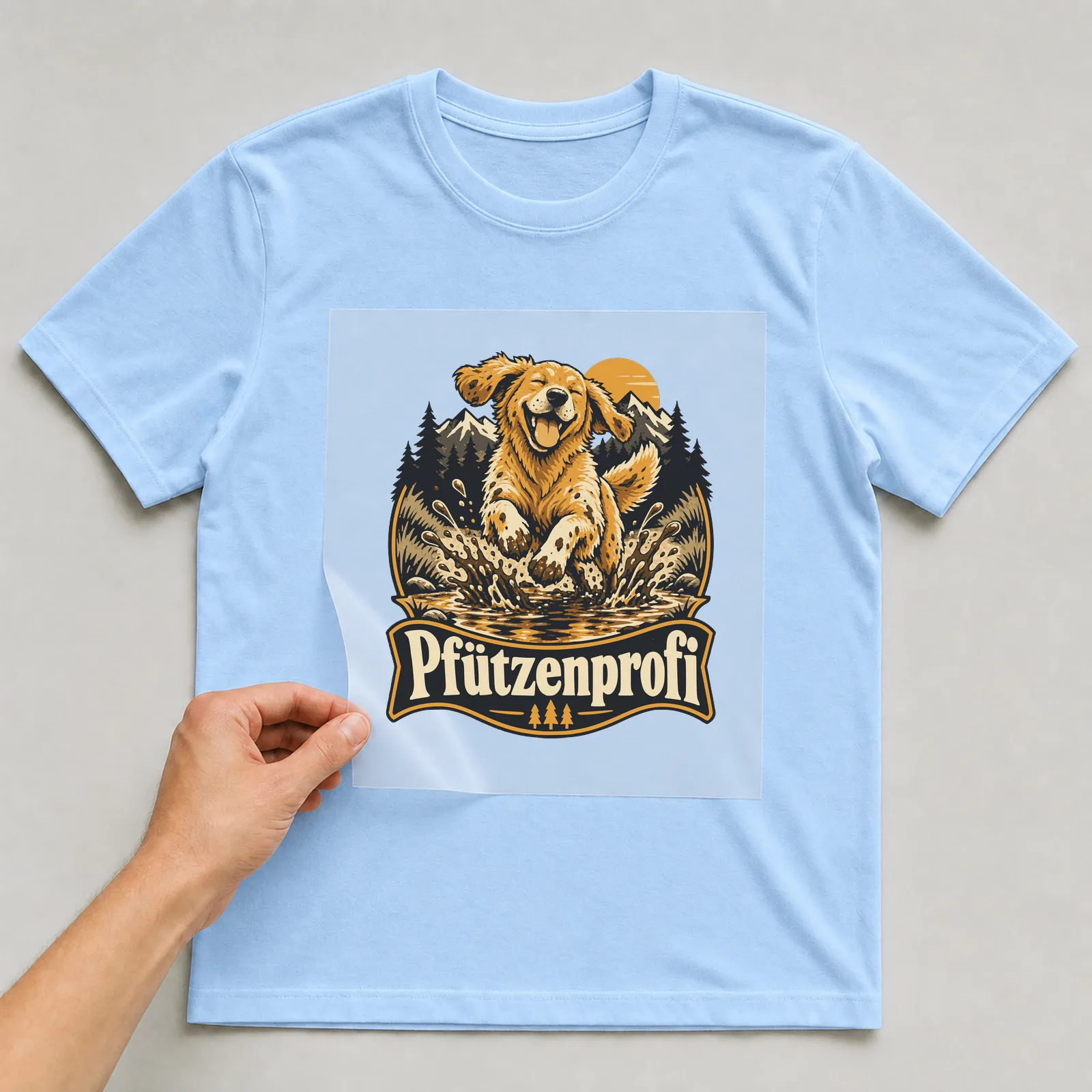 Bügelbild Pfützenprofi auf hellblauem T-Shirt, Folie wird aufgelegt