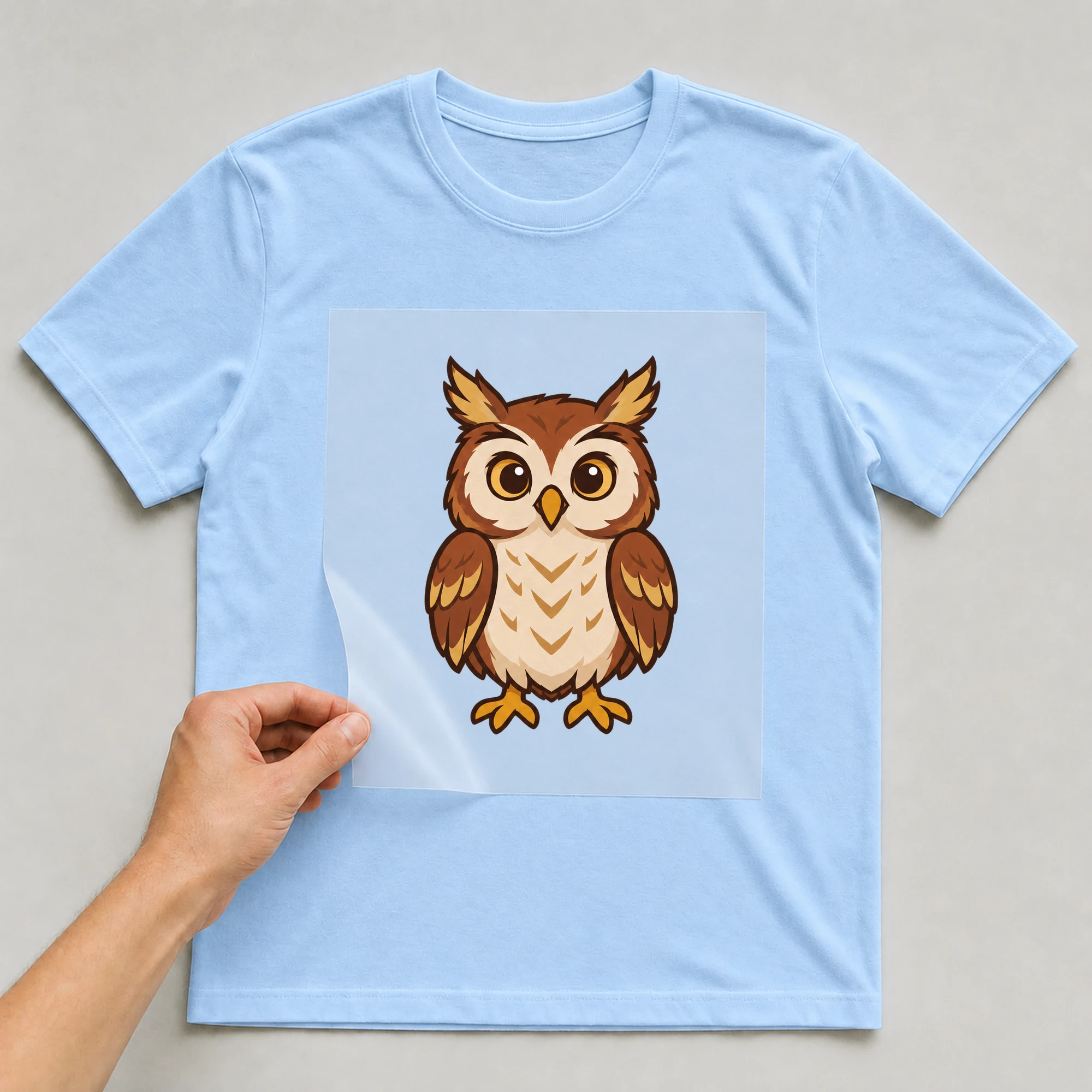 Bügelbild „Comic Eule“ auf babyblauem T-Shirt, Folie wird aufgelegt