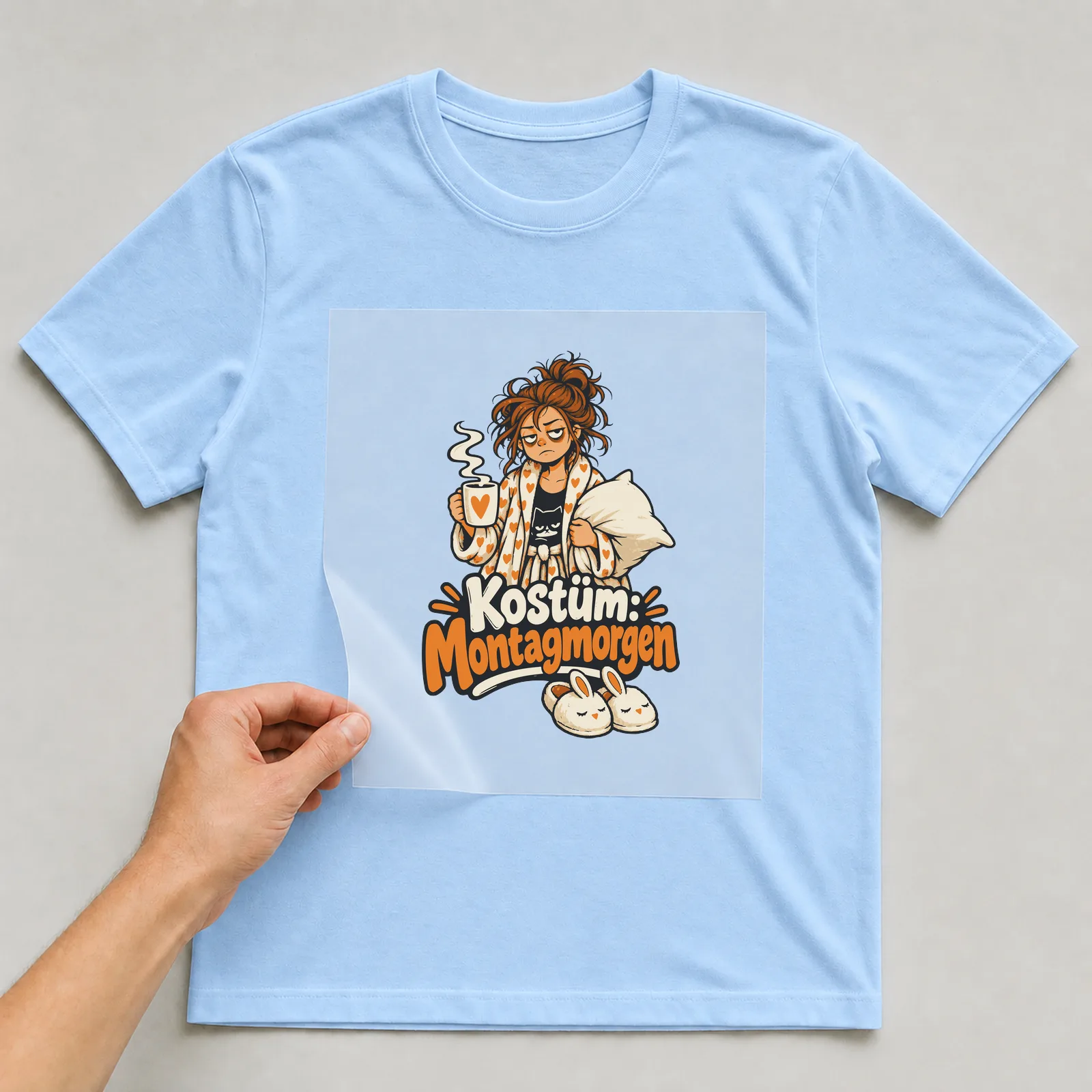 Bügelbild Kostüm: Montagmorgen auf hellblauem T-Shirt, Folie wird aufgelegt