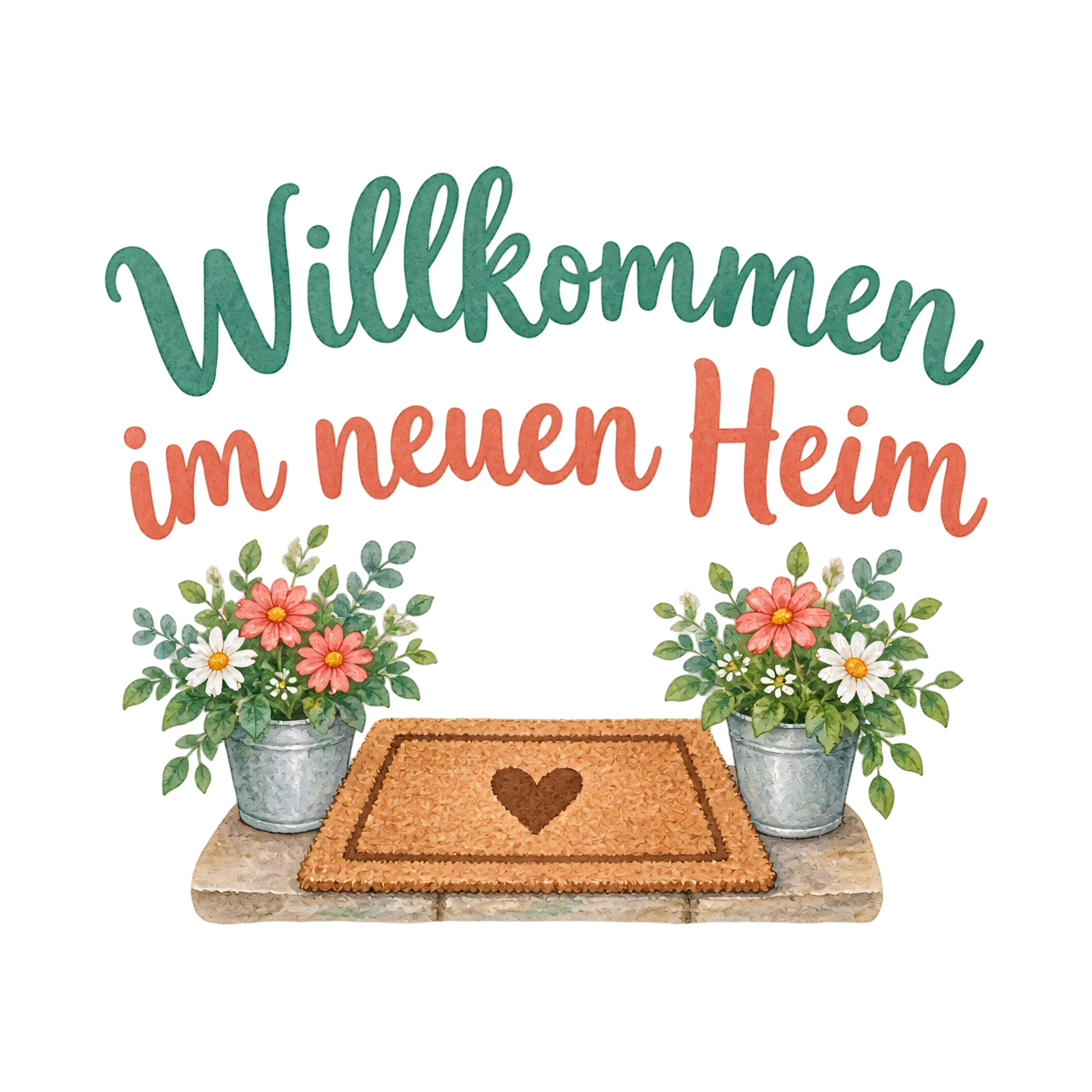 Bügelbild Willkommen im neuen Heim als Grafik auf weißem Hintergrund (BB020719)
