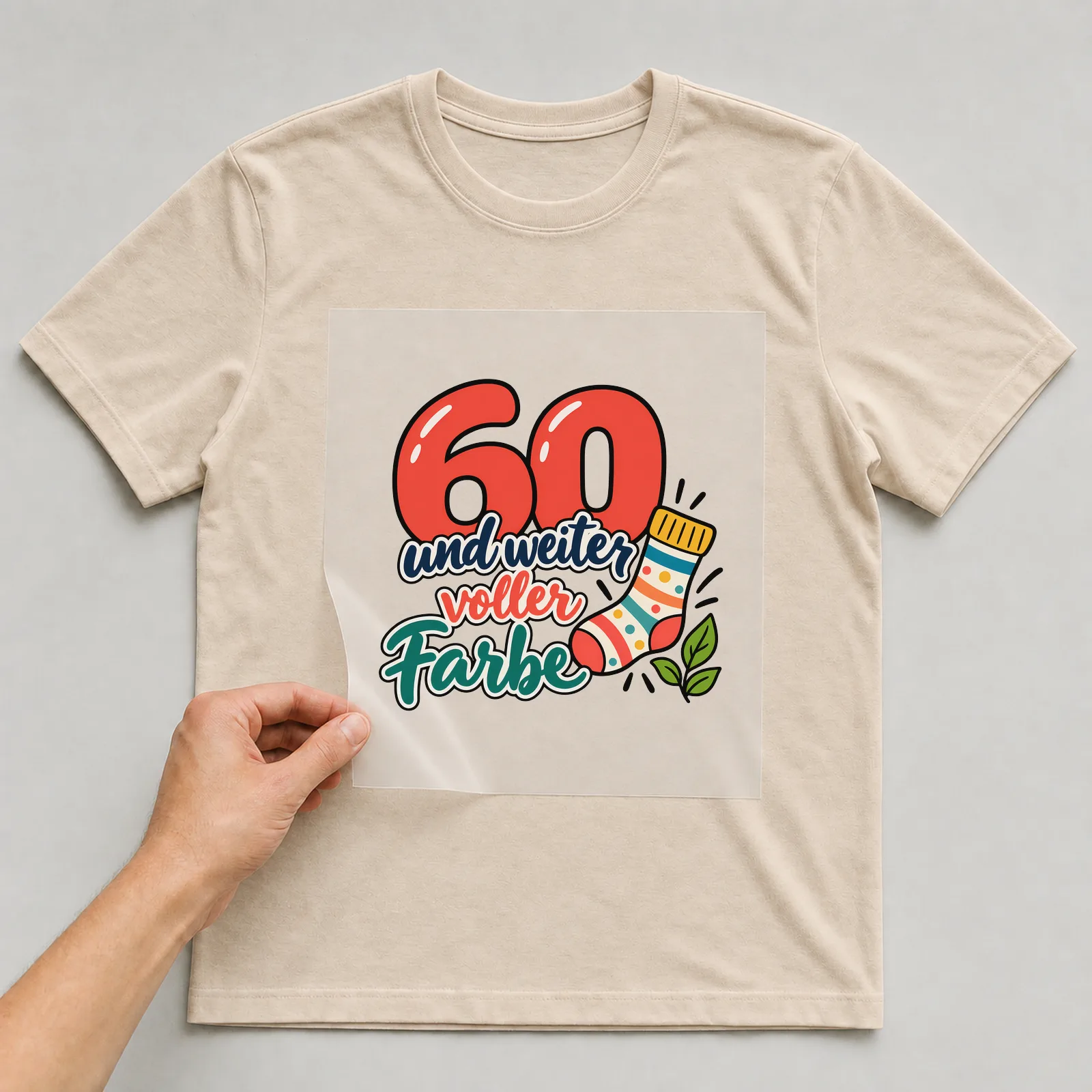 Bügelbild „60 und weiter voller Farbe“ auf beigem T-Shirt, Folie wird aufgelegt