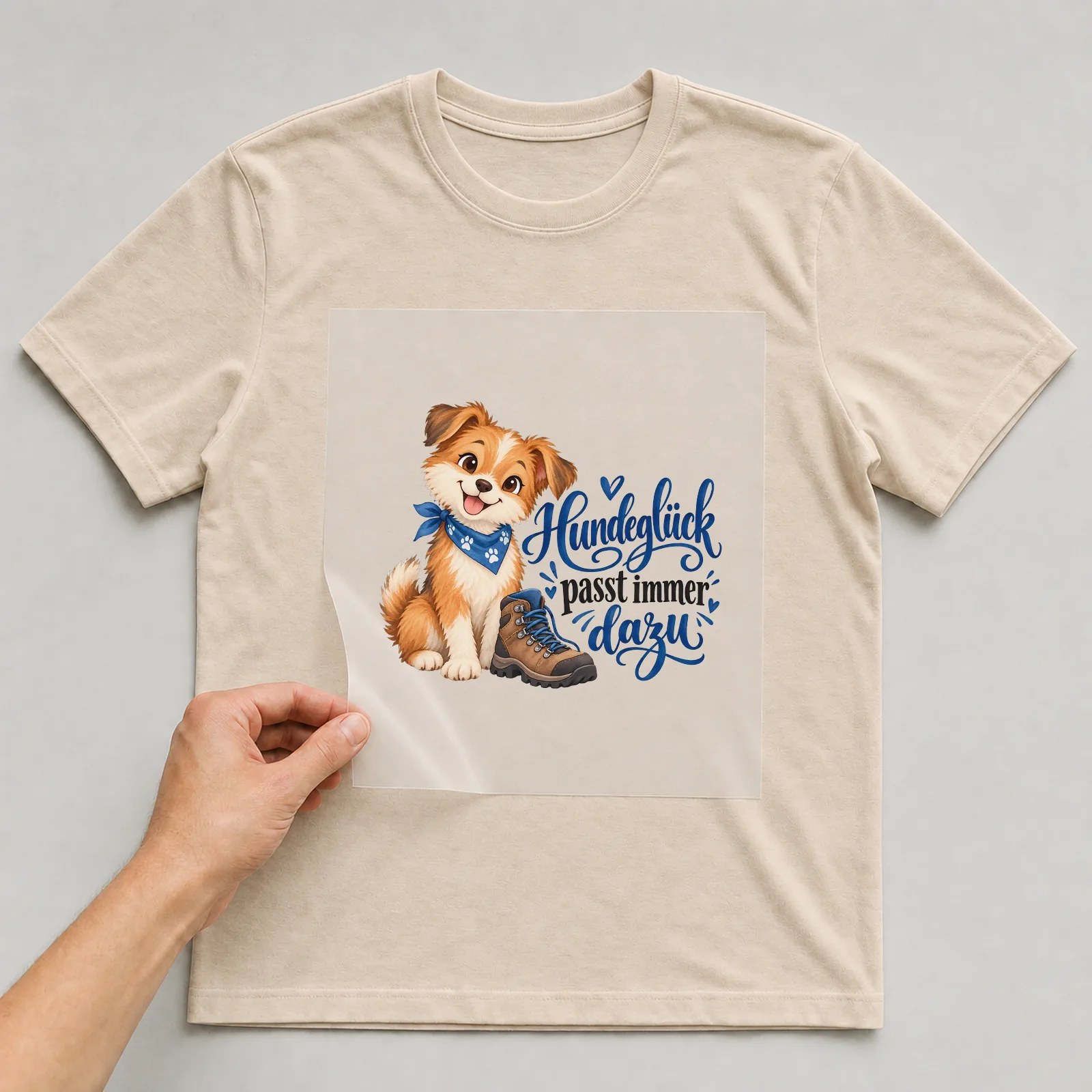 Bügelbild „Hundeglück passt immer dazu“ auf beigem T-Shirt, Folie wird aufgelegt