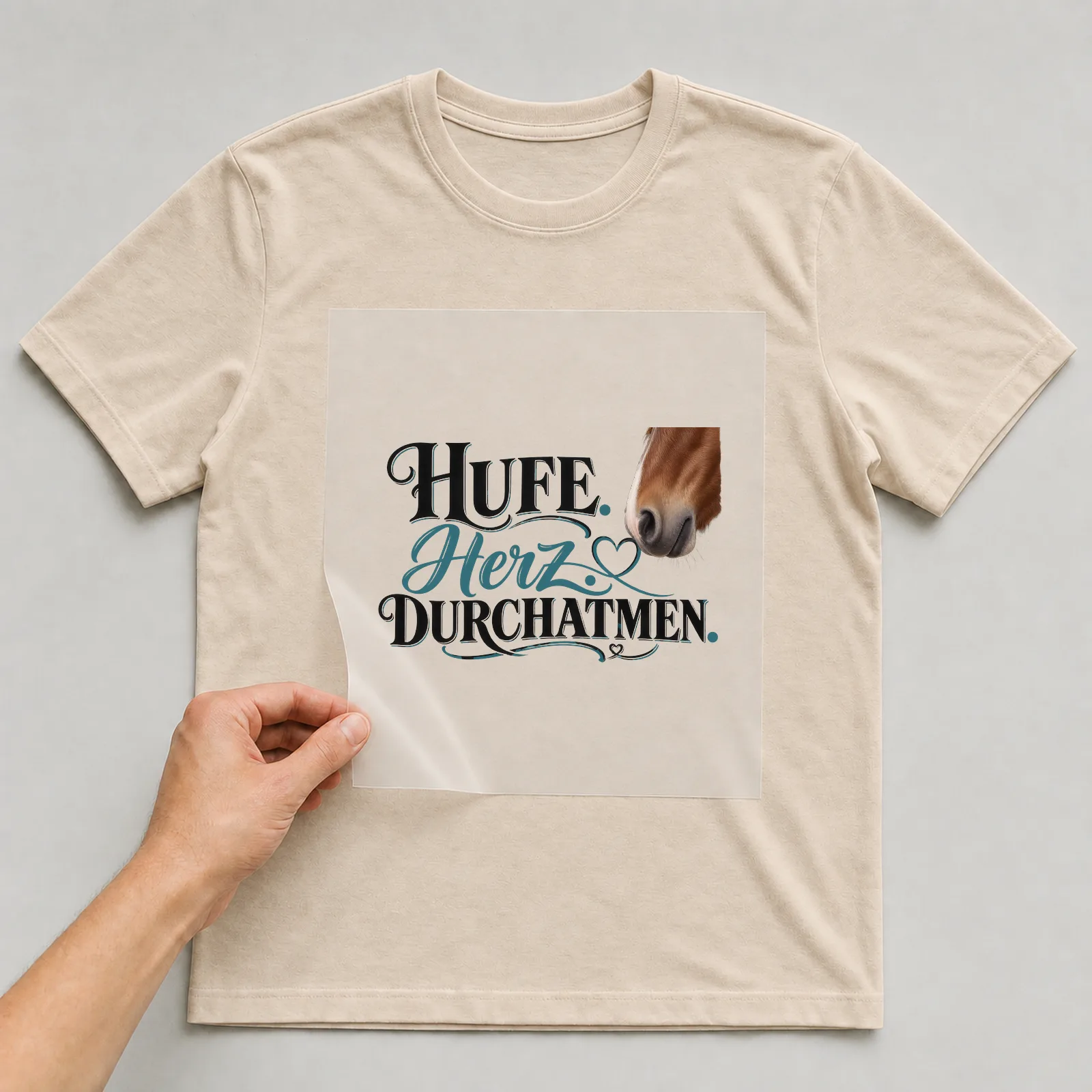 Bügelbild „Hufe. Herz. Durchatmen.“ auf beigem T-Shirt, Folie wird aufgelegt