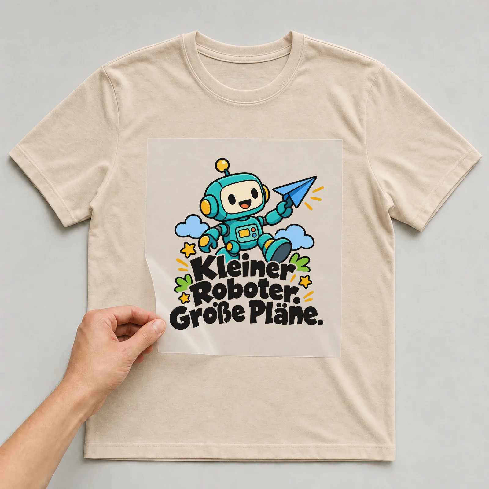 Bügelbild „Kleiner Roboter. Große Pläne.“ auf beigem T-Shirt, Folie wird aufgelegt