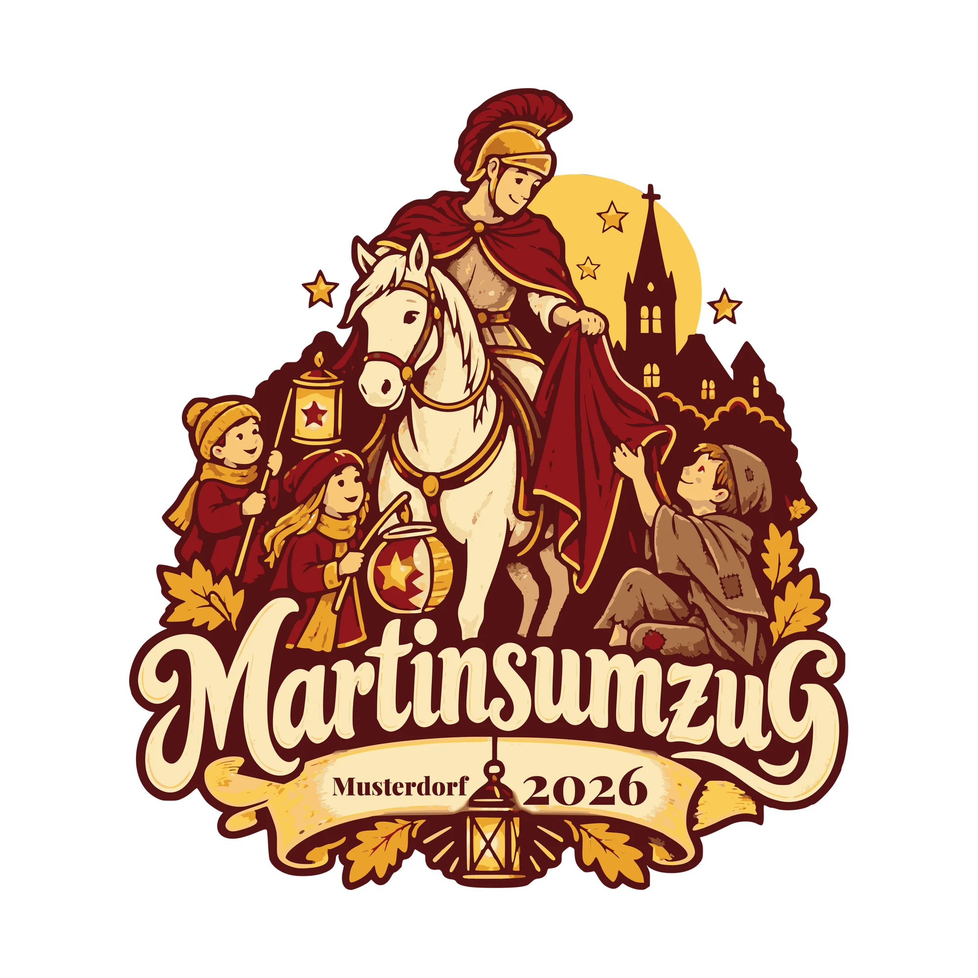 Bügelbild Martinsumzug mit Ort und Jahr als Grafik auf weißem Hintergrund (BB011207)