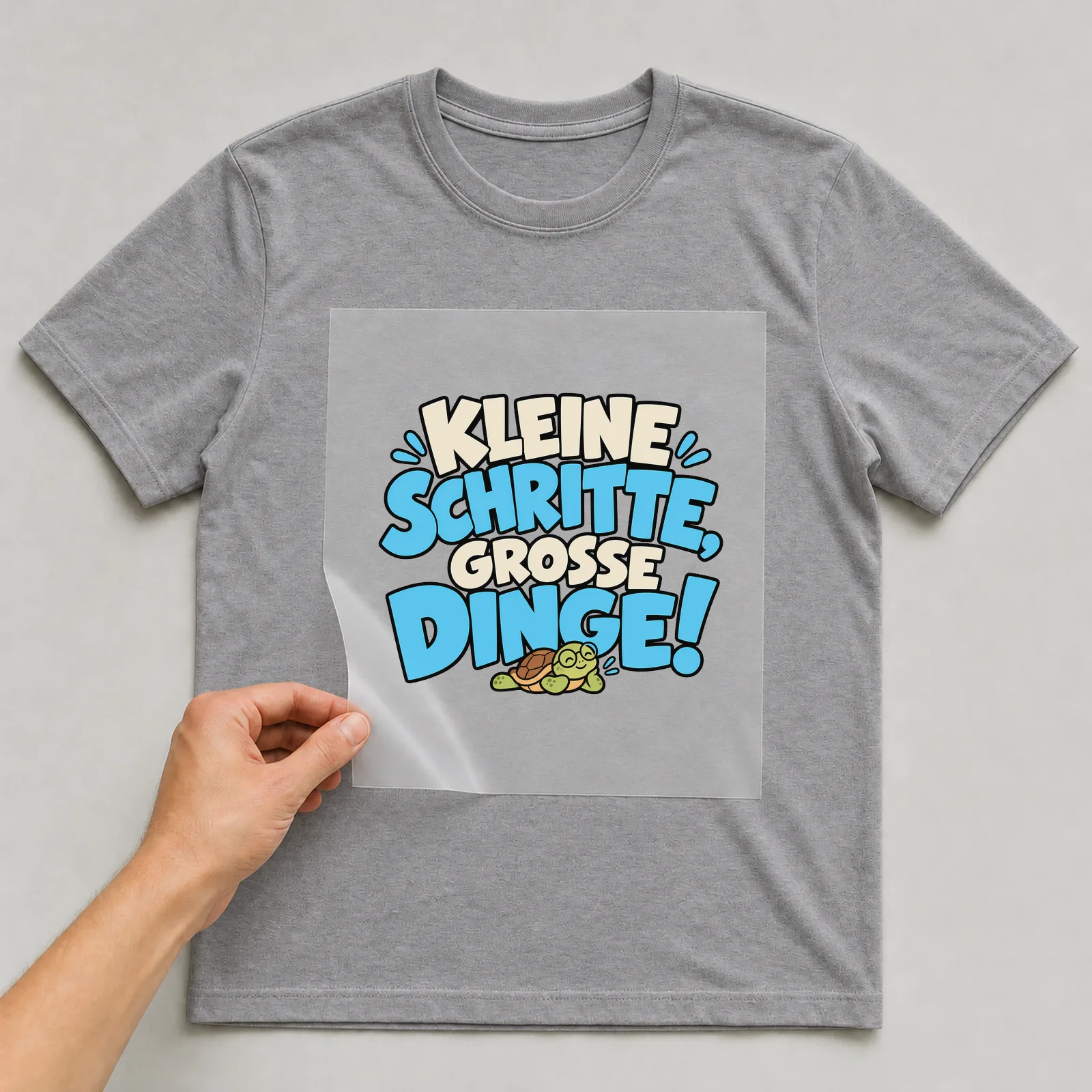 Bügelbild „Kleine Schritte große Dinge!“ auf grauem T-Shirt, Folie wird aufgelegt