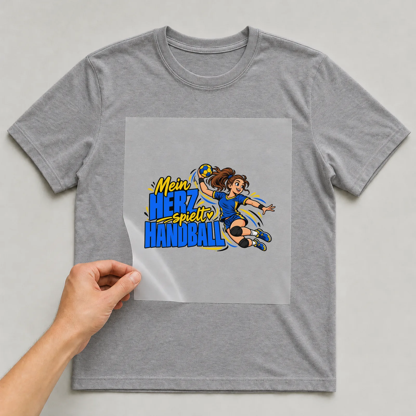 Bügelbild „Mein Herz spielt Handball“ auf grauem T-Shirt, Folie wird aufgelegt