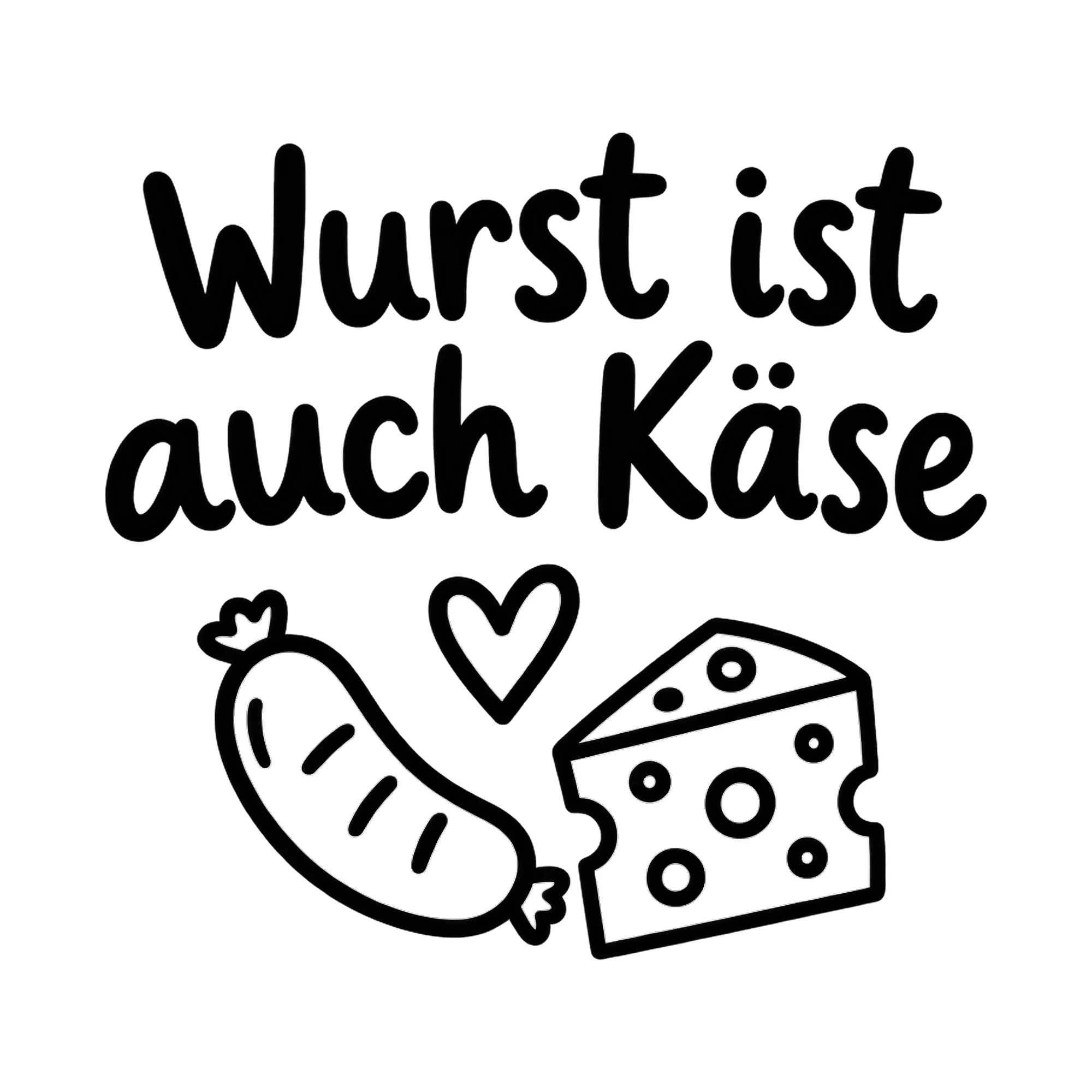 Bügelbild Wurst ist auch Käse als Grafik auf weißem Hintergrund (BB018483)